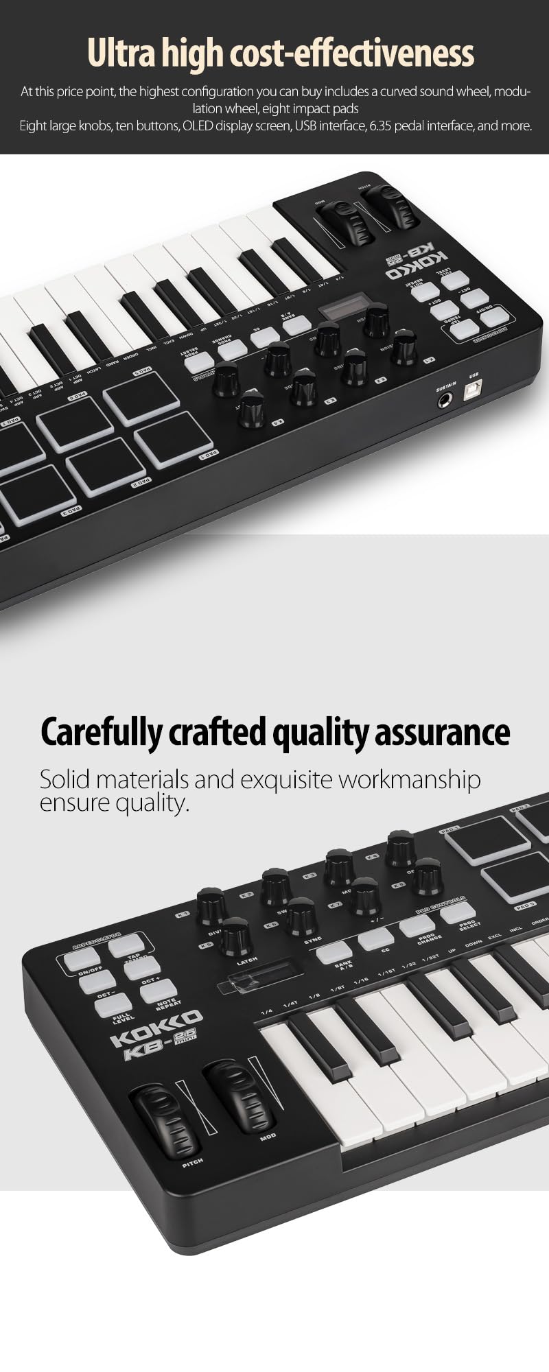 AZOR KOKKO MIDI Keyboard, Mini KB-25 25 Key MIDI Controller mit 8 hintergrundbeleuchteten Drum-Pads, 8 Reglern und Pitch Bend Wheel, Modulationsrad für Musikproduktion, Cubase LE Software enthalten