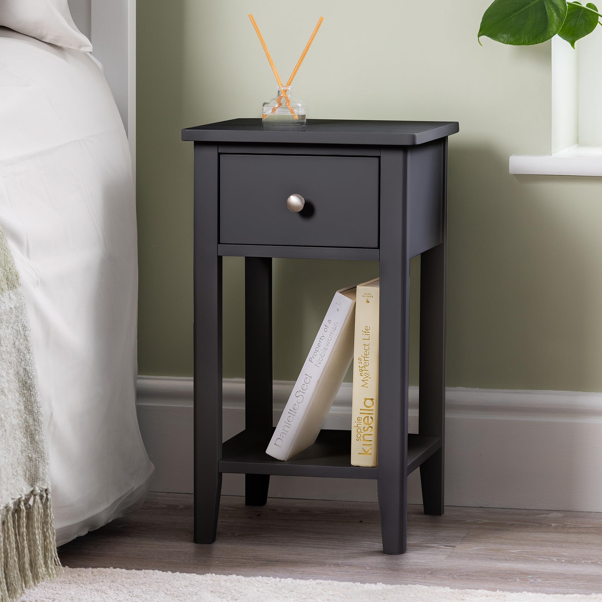 Christow Black Slim Bedside Table With Drawer & Shelf, Modern Narrow Bedroom Nightstand, Wooden Mdf Side End Stand For Living Room Hallway Sofa, Brushed Chrome Handle (H57cm X W32cm X D32cm)