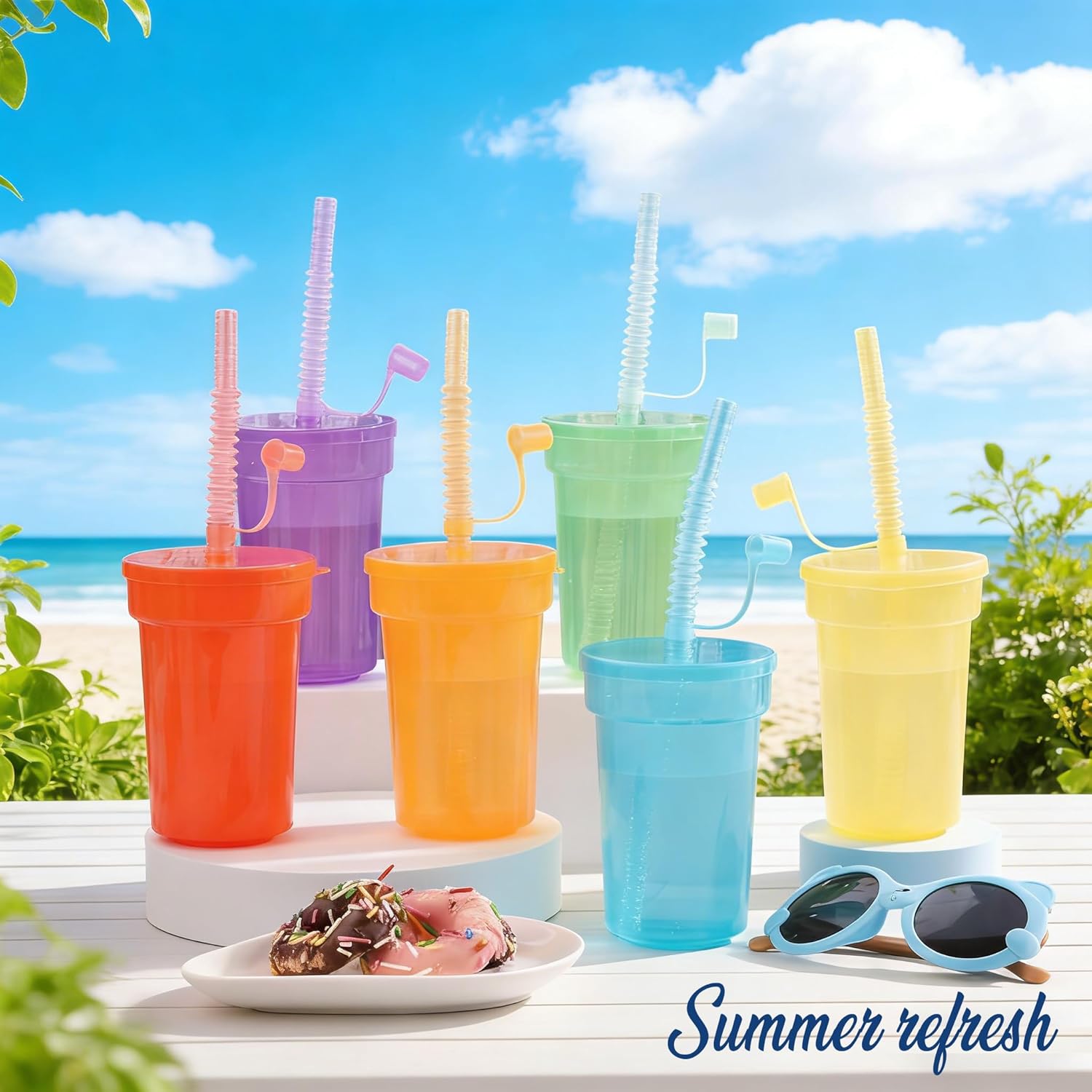 Haundry 12 Pack Kids Party Cups with Lid and Straws, Colorful Plastic Sipper Party Favors Cups for School Events and Birthday Celebrations Supplies - Image 6