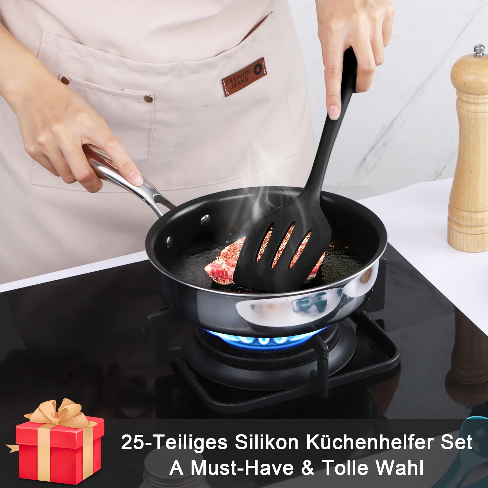 Onader Set di utensili da cucina in silicone, 25 pezzi (25, nero)