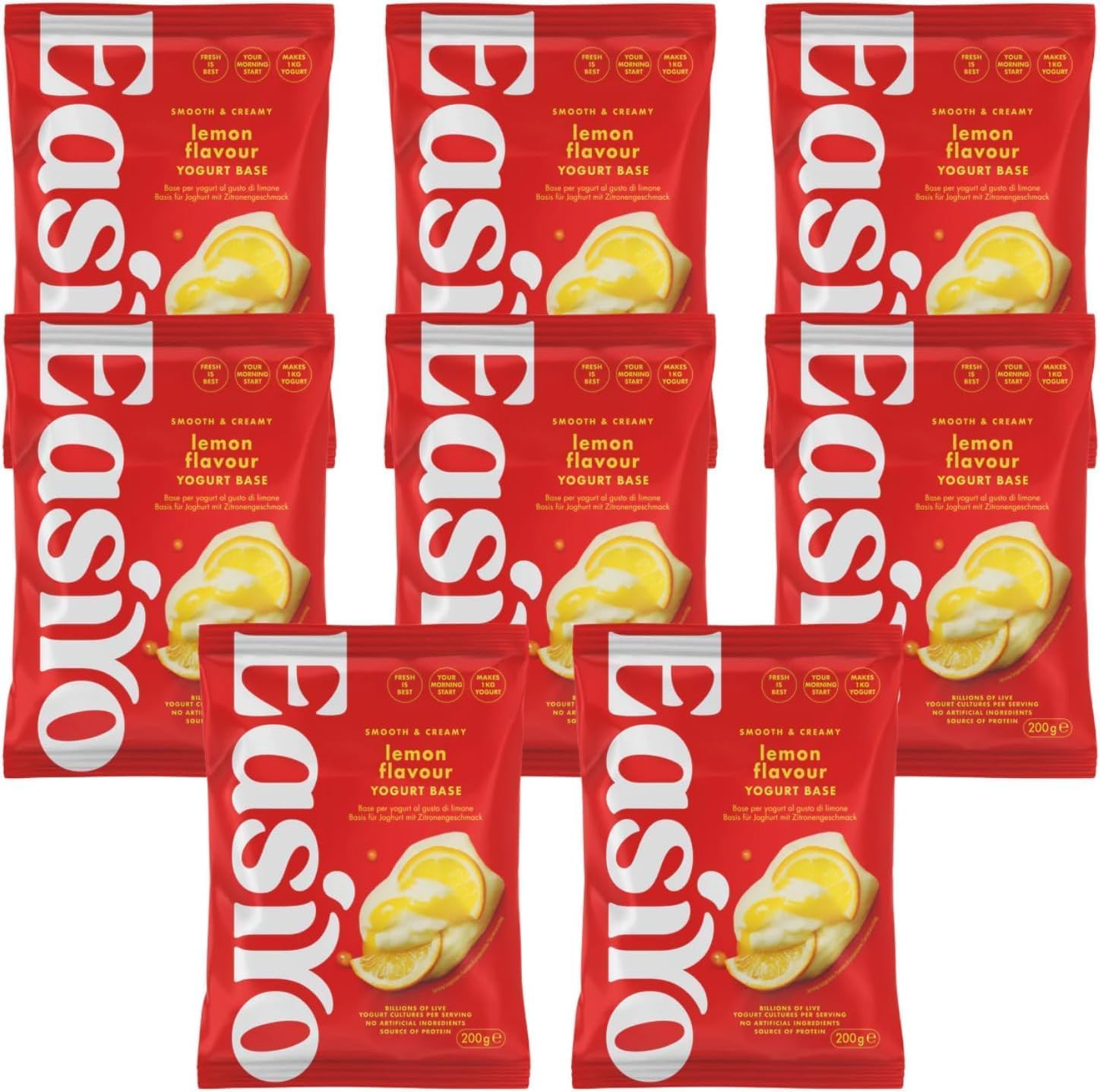 EasiYo Zitrone Joghurt 8er-Pack | Jeder Beutel ergibt 1kg | Cremiger & Spritziger Genuss | Hausgemachter Joghurt | Glutenfrei & Vegetarisch