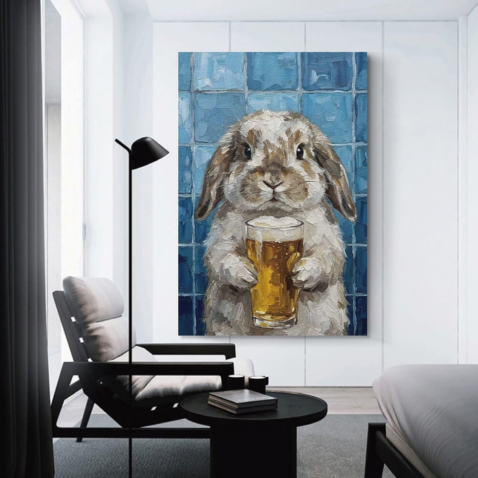Junmoney Unframe-Style-4 Hanging Wall Art Rabbit With Beer Painting, 24X36inch(60X90cm), For Entryway, Lounge Links Or Small Walls, A Neat Decor Update For Hallways