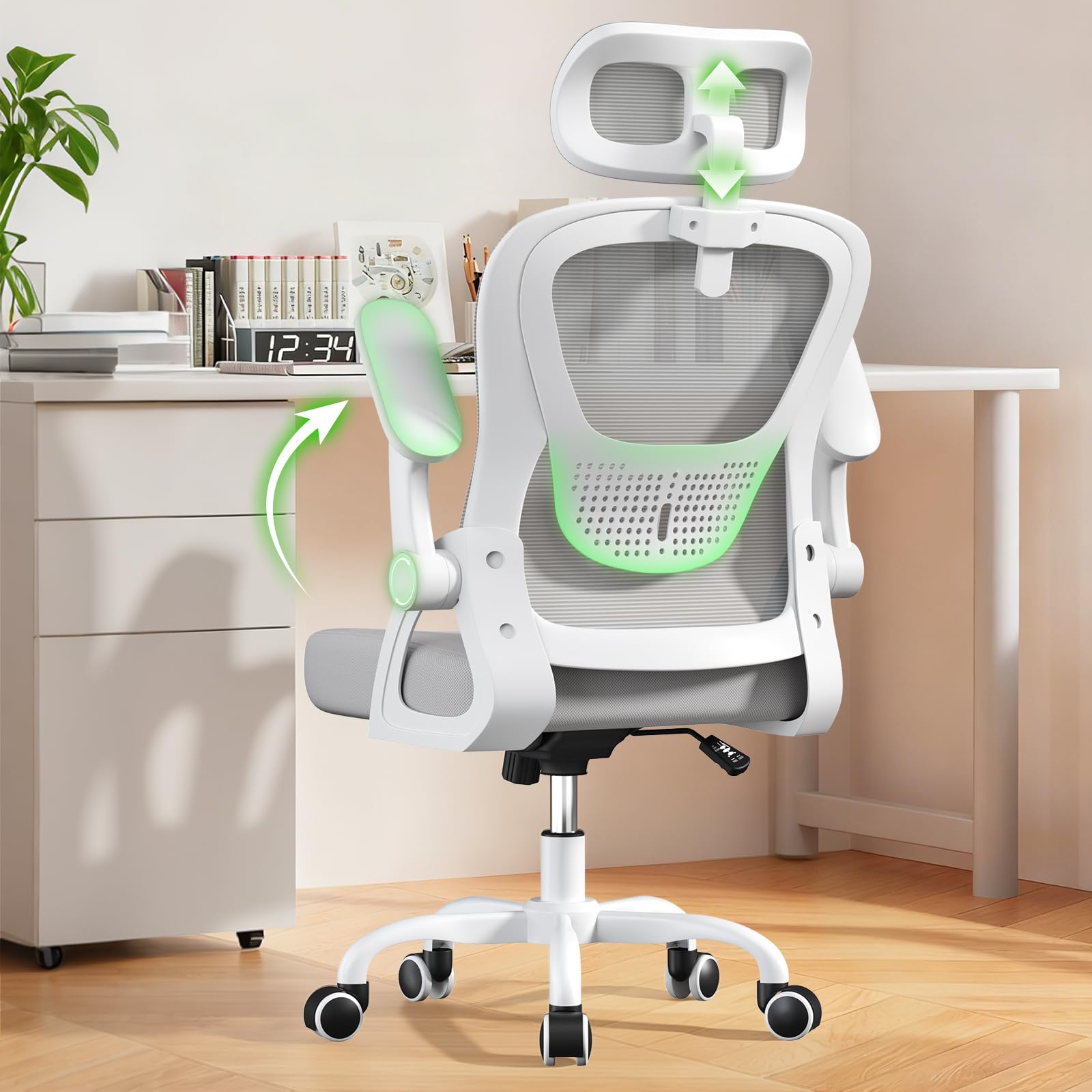 naspaluro Ergonomic Office Chairs, High Study Desk Computer Chair with Back Support, Adjustable Headrest and Flip-up Armrests Gray Work Chair, Swivel Comfy PC Mesh Office Chairs for Home Office