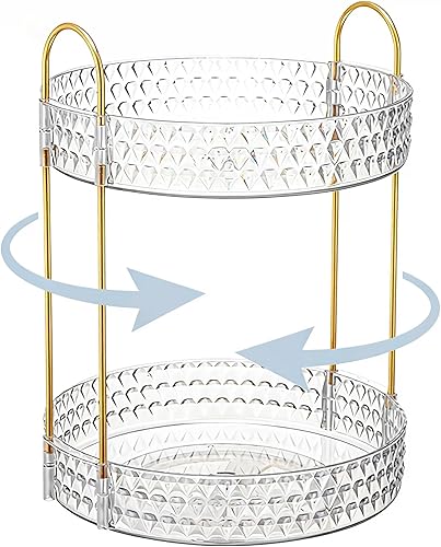 Miniatura 2 de Organizador de maquillaje giratorio dorado para tocador, organizador de perfumes y cuidado de la piel de gran capacidad de 2 niveles con soporte