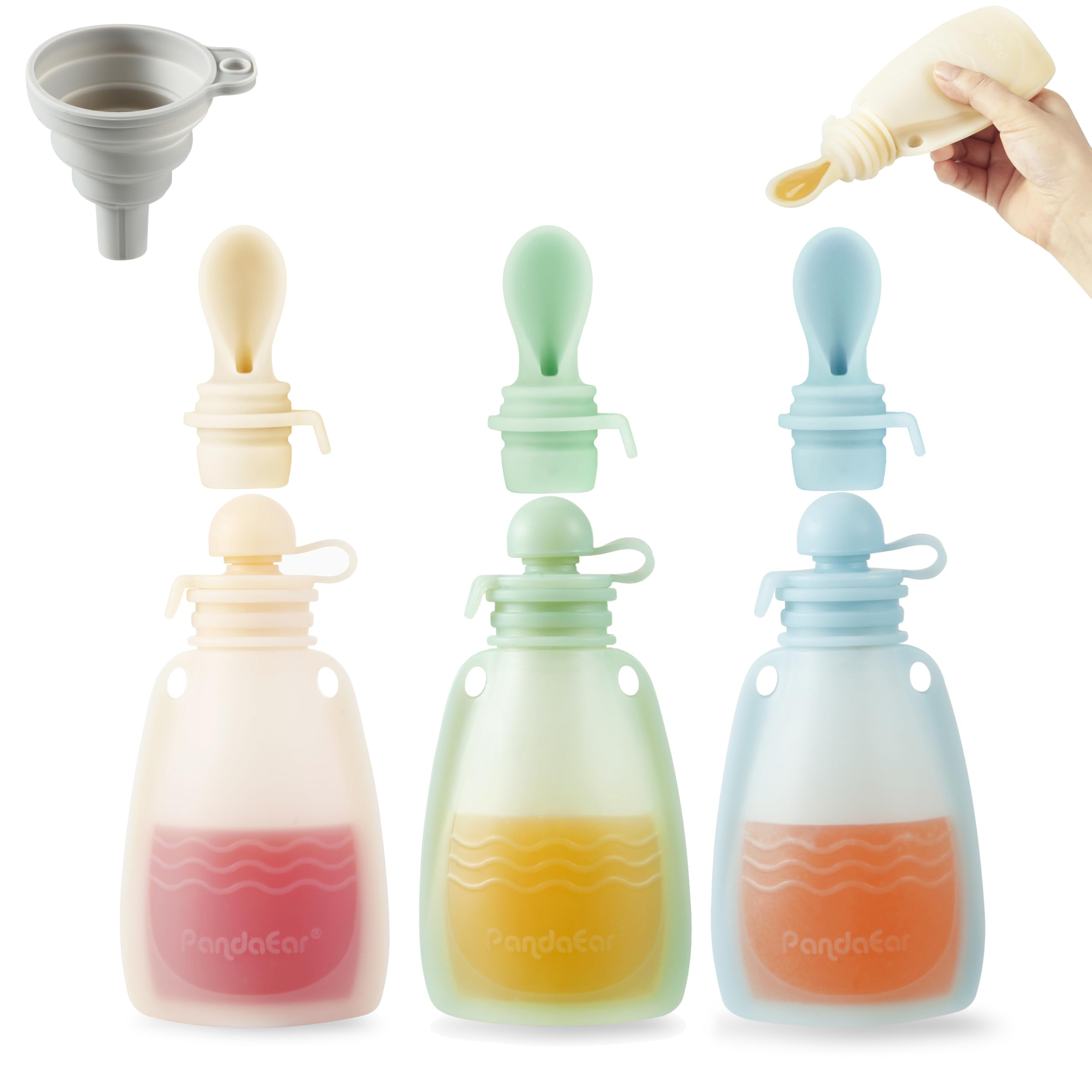 PandaEar 3 Stück Wiederverwendbare Silikon Babybrei Beutel, Quetschbeutel für Kleinkinder mit 3 Püree-Fütterungslöffeln, BPA-freie Nachfüllbare Babybrei Aufbewahrung (Beige/Blau/Grün)