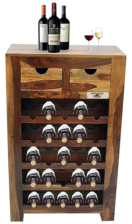 MS WOOD FURNITURE Stylish Bar Cabinet for Living Room | Wine Storage| Teak Finish | Sheesham Solid Wood