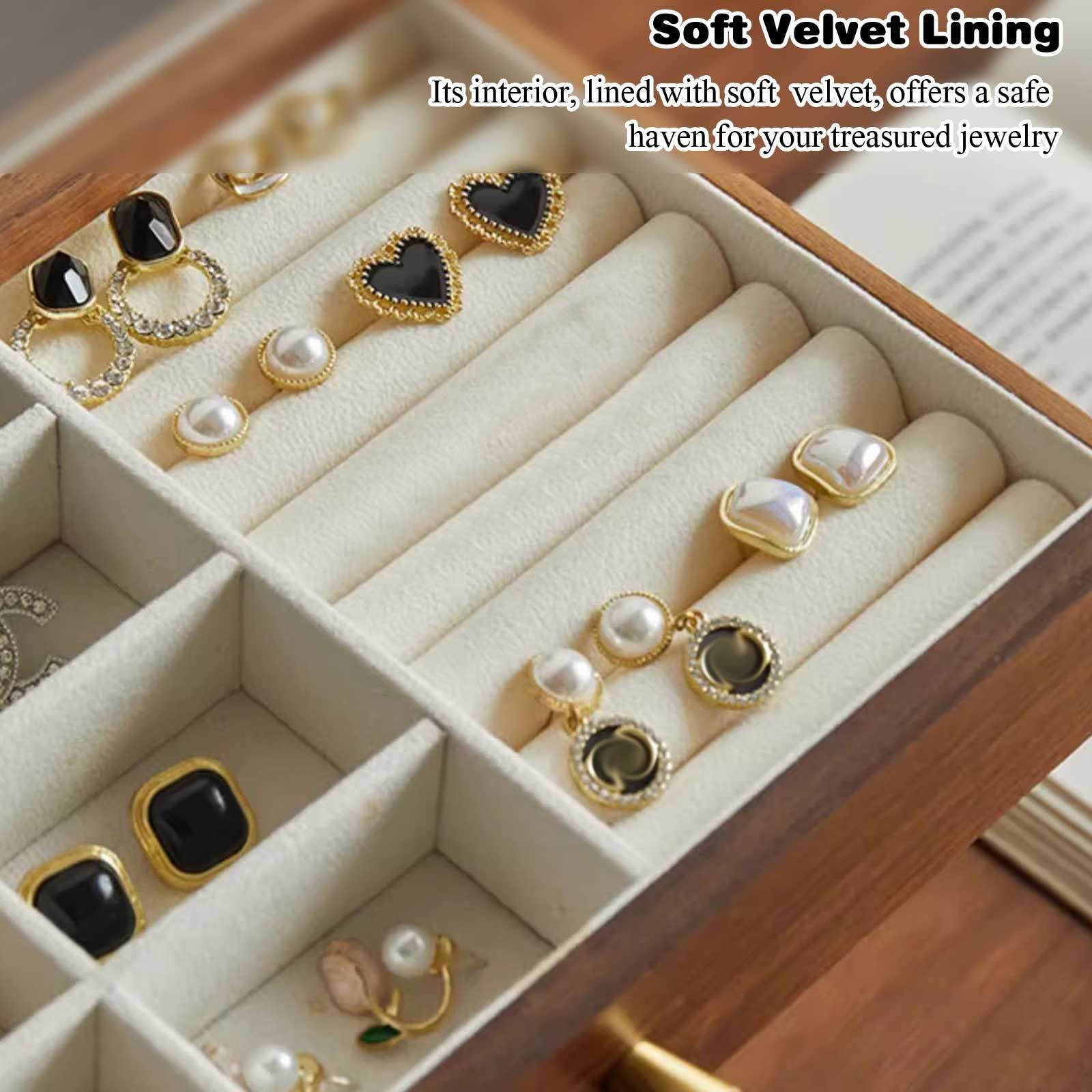 Jewelry box Drewniana szkatułka na biżuterię ze szklanym blatem, organizer, szuflady do przechowywania, różne rozmiary, brązowa