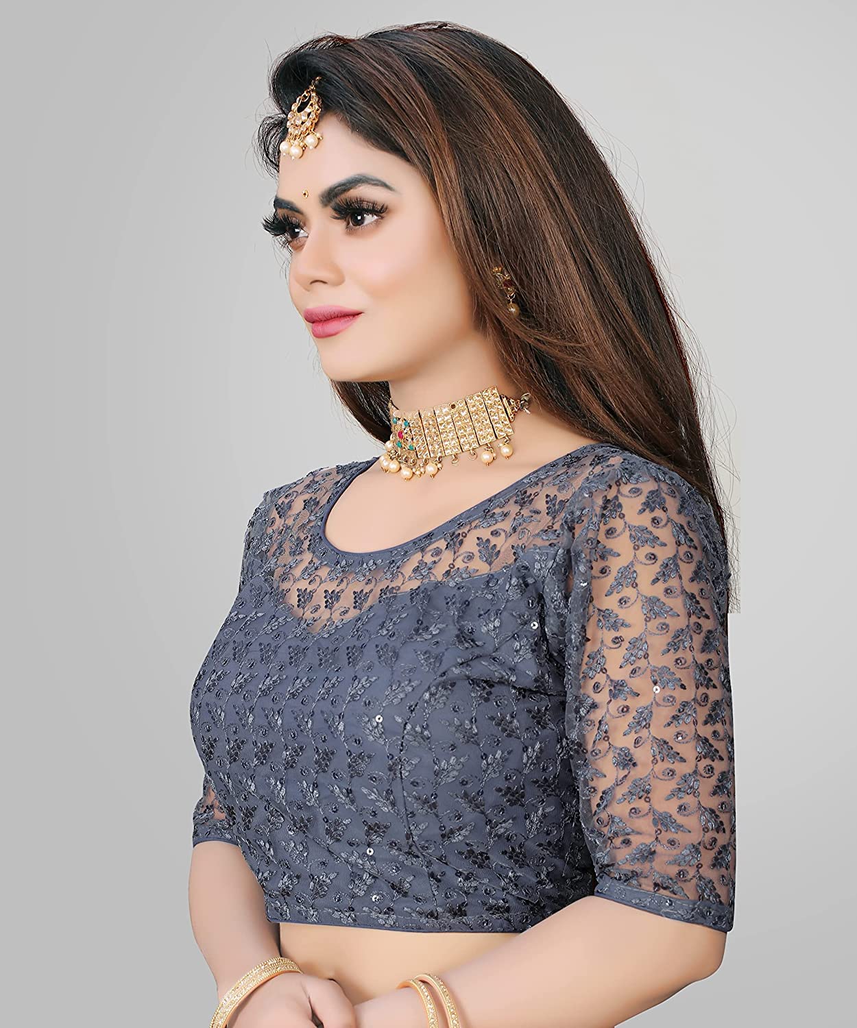 Pujia Mills Women's Shipali Net Work Half Sleeves Blouse (Shipli Patti_Grey_38)