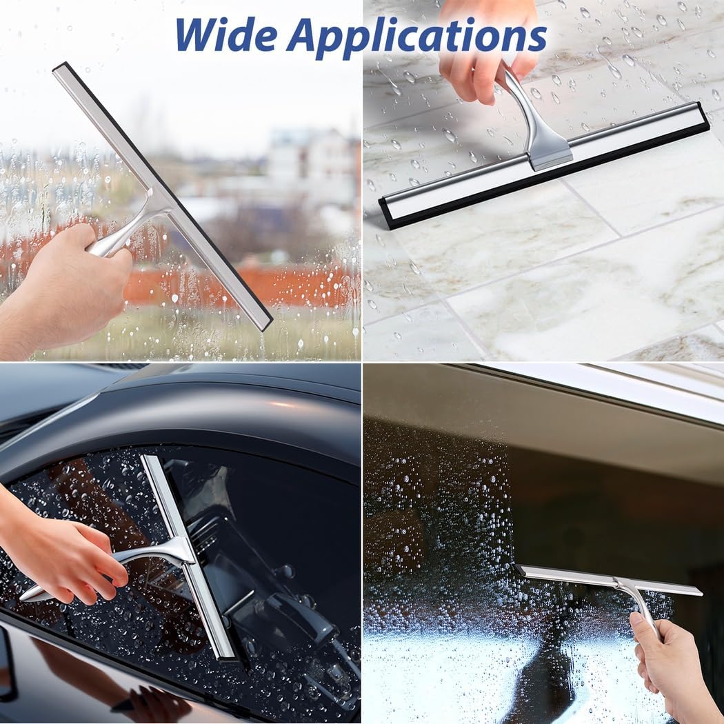 2-Piece Stainless Steel Shower Squeegee Set, 10” & 12”, with Microfiber Cloths and Wall Hooks for Glass Cleaning