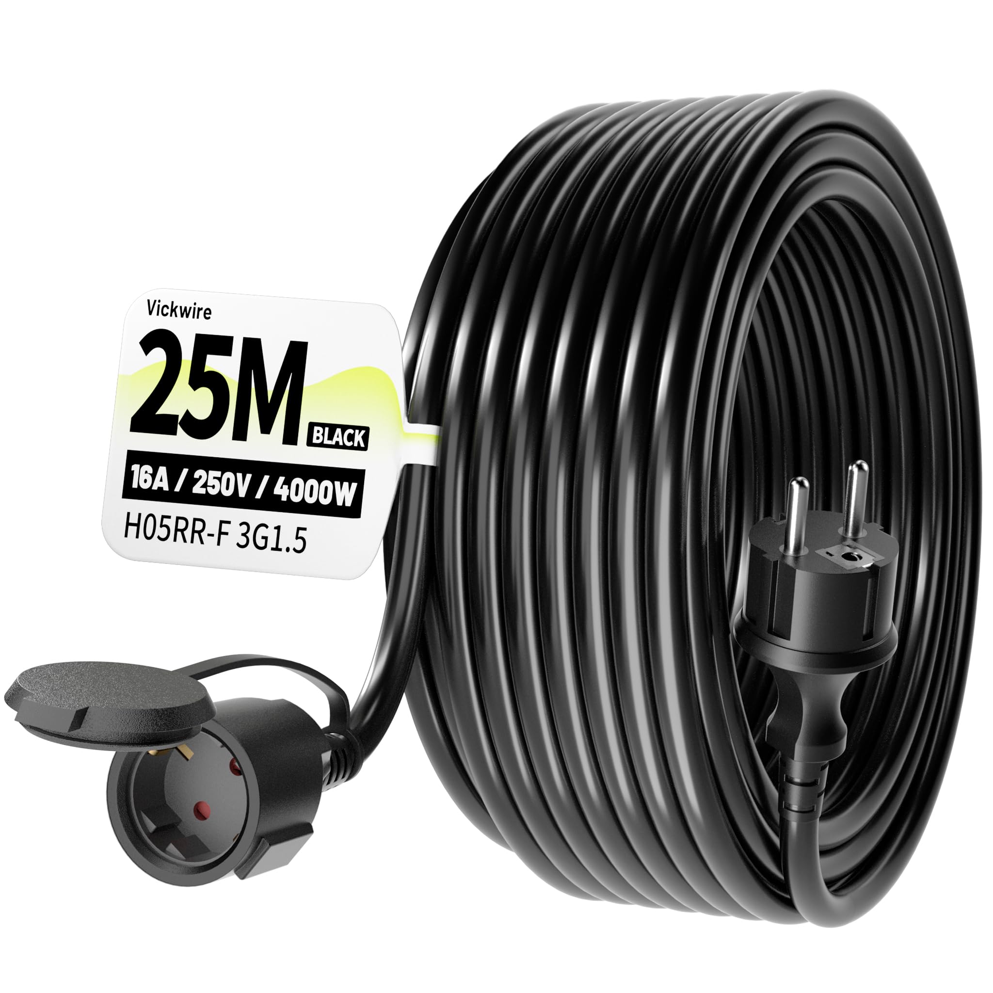 Vickwire Außen Verlängerungskabel, 25 m Gummikabel mit Schutzkontaktstecker Schuko, externes Kabel mit Schutzkappe, 16 A/250 V, schwarz, H05RR-F 3G 1,5 mm², IP44