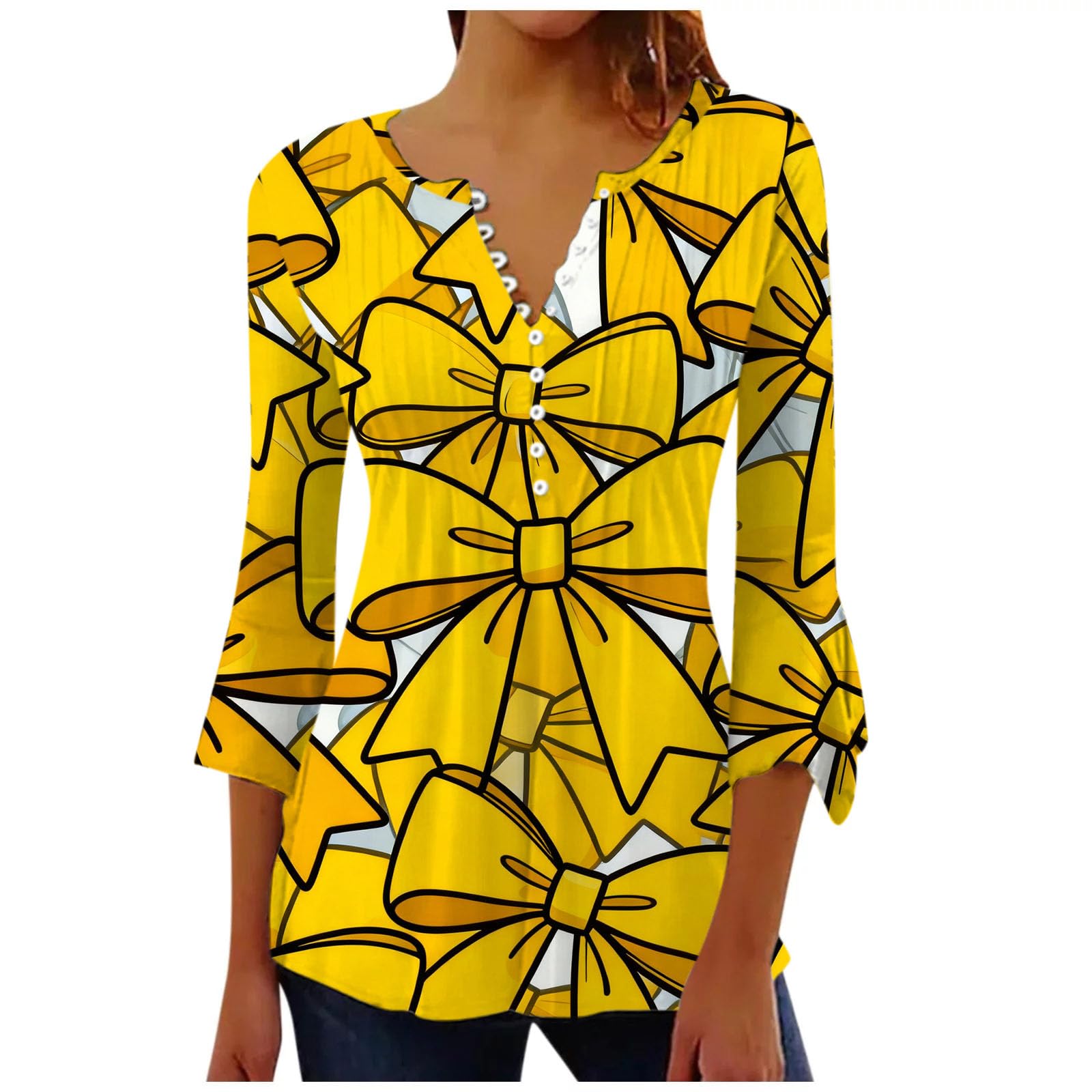 Camicetta a tunica da donna con motivo a fiocco, maniche a 3/4, scollo a V, plissettata sul davanti, vestibilità ampia, estiva, vintage, camicia casual