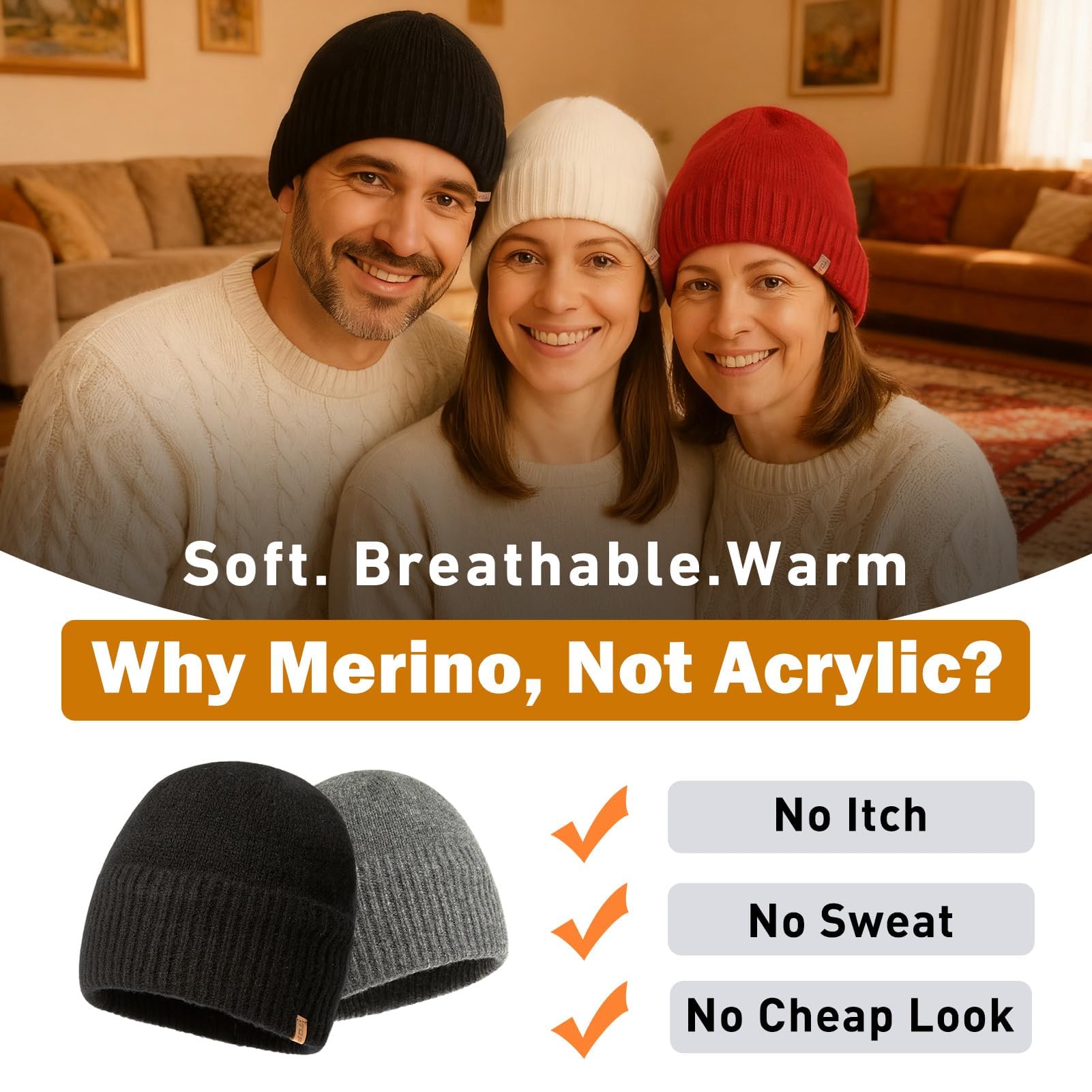 TOP-EX M/L/XL/XXL 100% lana merino, berretto pescatore pescatore, unisex, foderato in pile, cappello termico invernale, caldo berretto di lana per corsa, golf, 56-65 cm