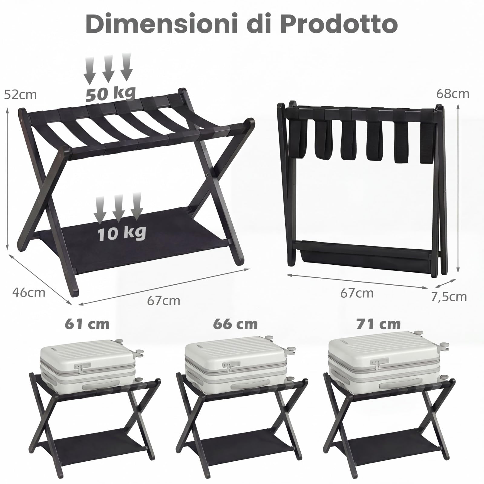 GYMAX Portavaligia Pieghevole, Portabagagli a 2 Ripiani da Camera con Struttura in Legno e 5 Cinghie di Nylon, Resistente all'Usura, Portapacchi per Hotel, Portata 60 kg, 67 x 46 x 52 cm (Nero)