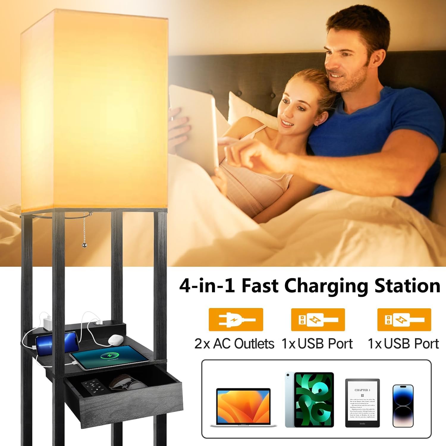 Lámparas de pie para sala de estar, lámpara de pie alta con estantes y cajón, 2 puertos de carga USB y 2 tomas de corriente, bombilla LED brillante de 3CCT incluida, color negro 3