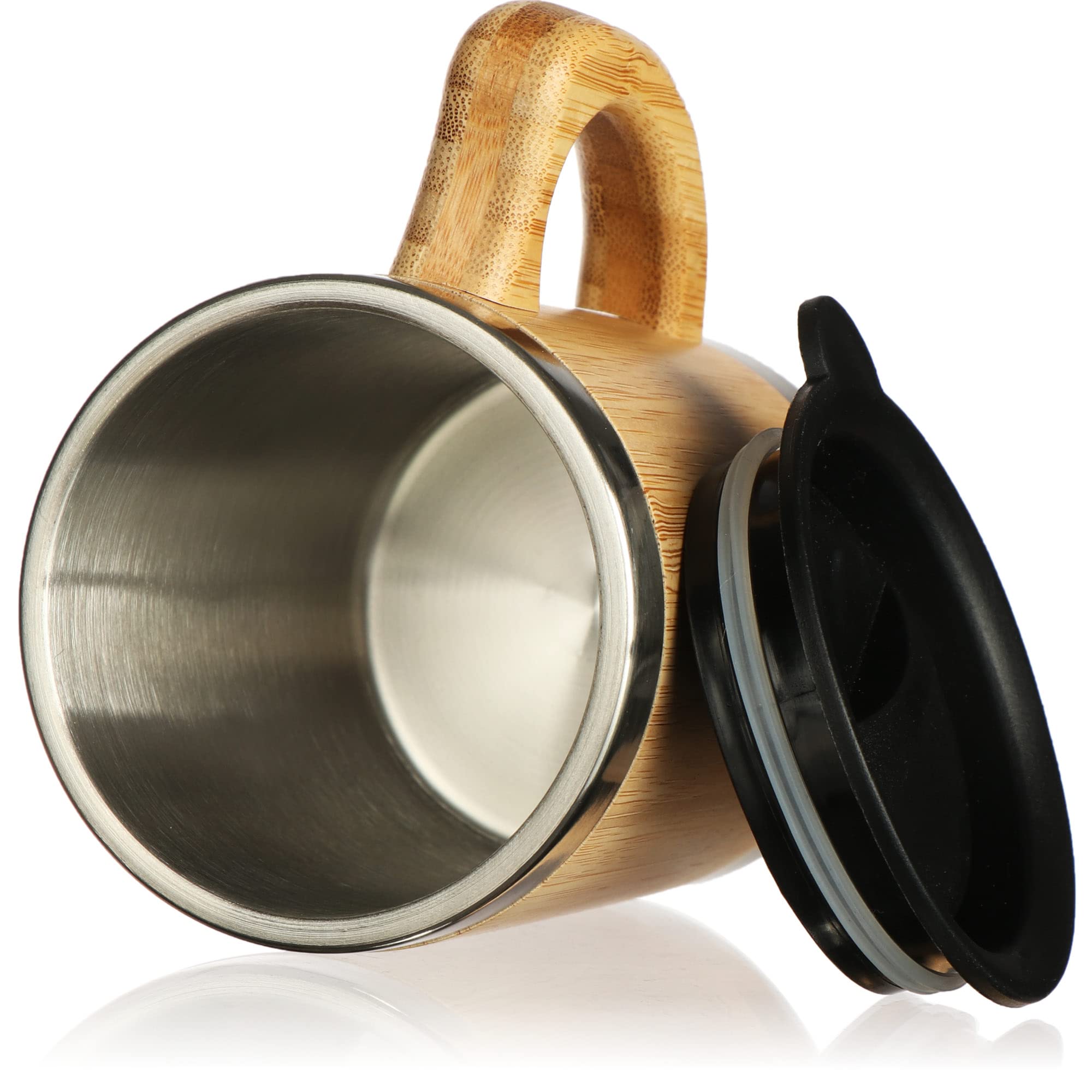 4x Trinkbecher aus Bambus und Edelstahl mit Henkel | To-Go Becher 300 ml - doppelwandige Campingtasse mit Kunststoff-Deckel - bruchsicher und BPA-frei