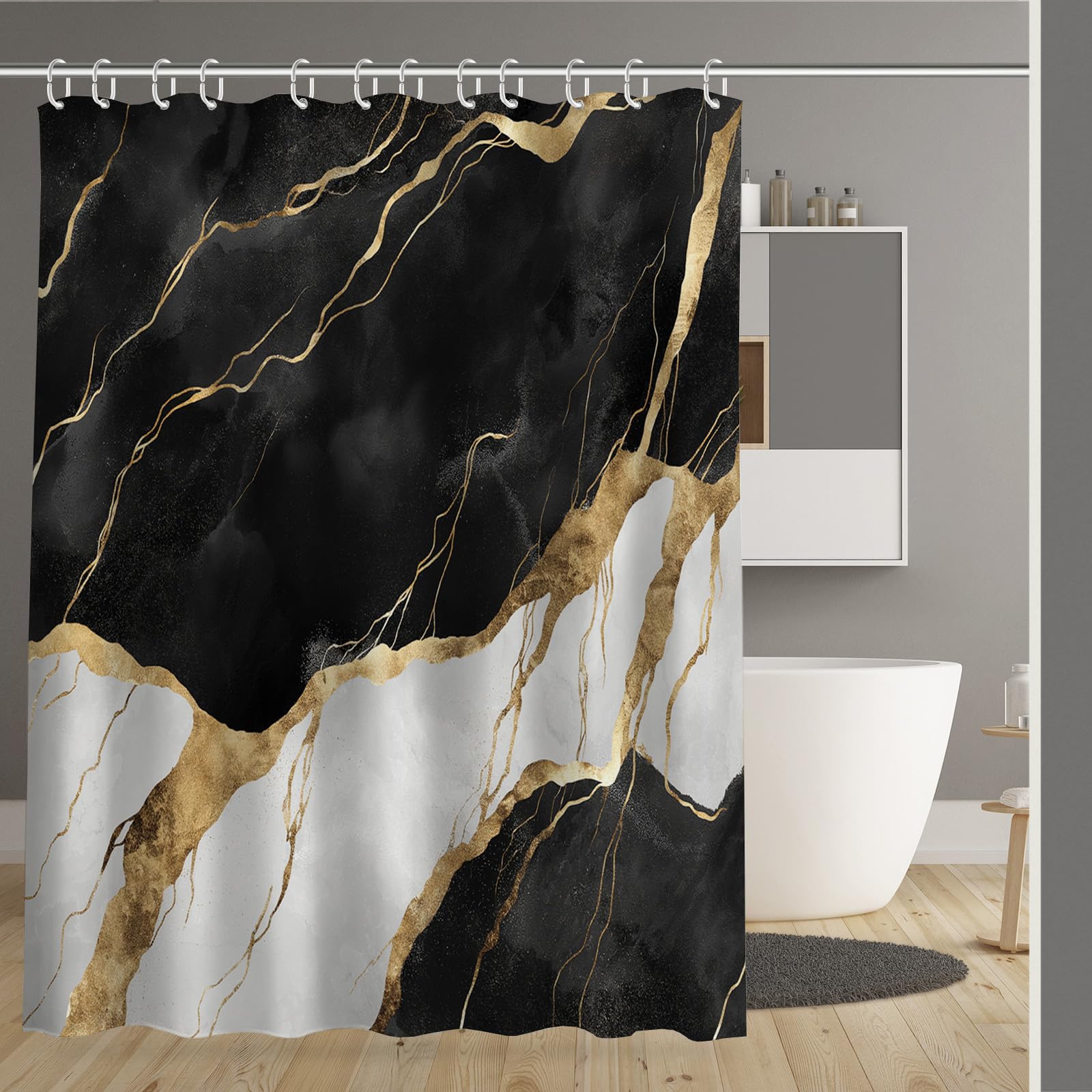 Rideau de douche marbre d'or noir en tissu polyester haute densité avec 12 crochets