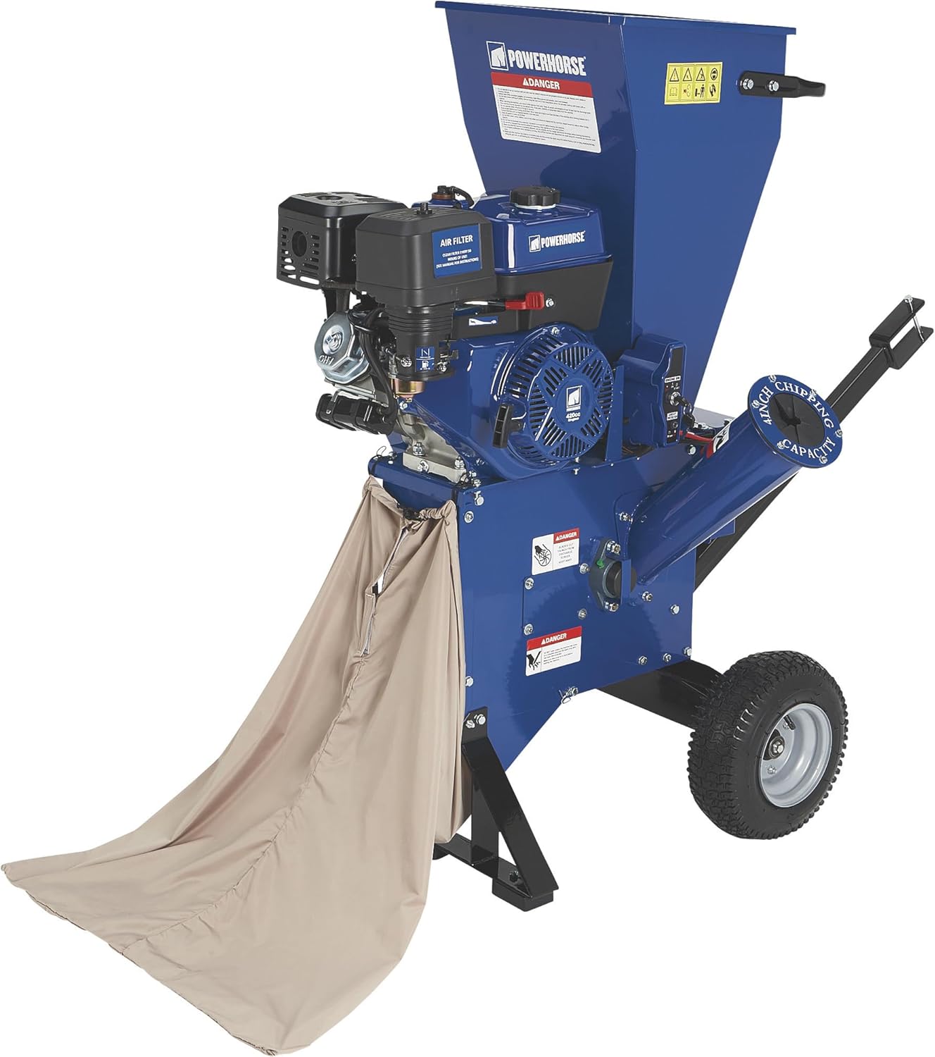 Detailed view of the Powerhorse 420cc engine and air filter, showing the oil fill cap and dipstick location.