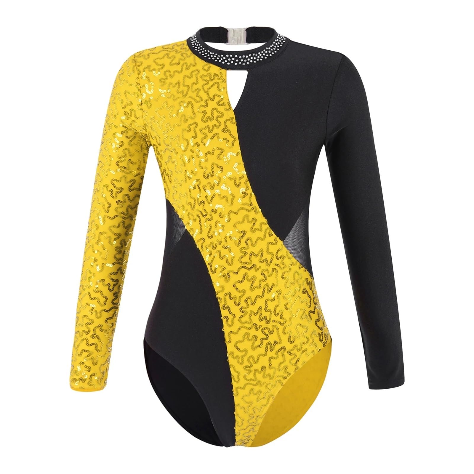 Body Danza Bambina Body da Ginnastica for Ragazze, Manica Lunga, Scava Fuori, Body da Danza Classica, Competizione, Pattinaggio su Ghiaccio Ginnastica Artistica(A-Yellow,12)