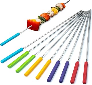 Grill Skewers with Silicone Handle, 16" Long Kebab Skewers, 10 Pack Reusable Stainless Steel Flat Skewer Sticks for Party Grilling BBQ Barbecue, Storage Bag Included