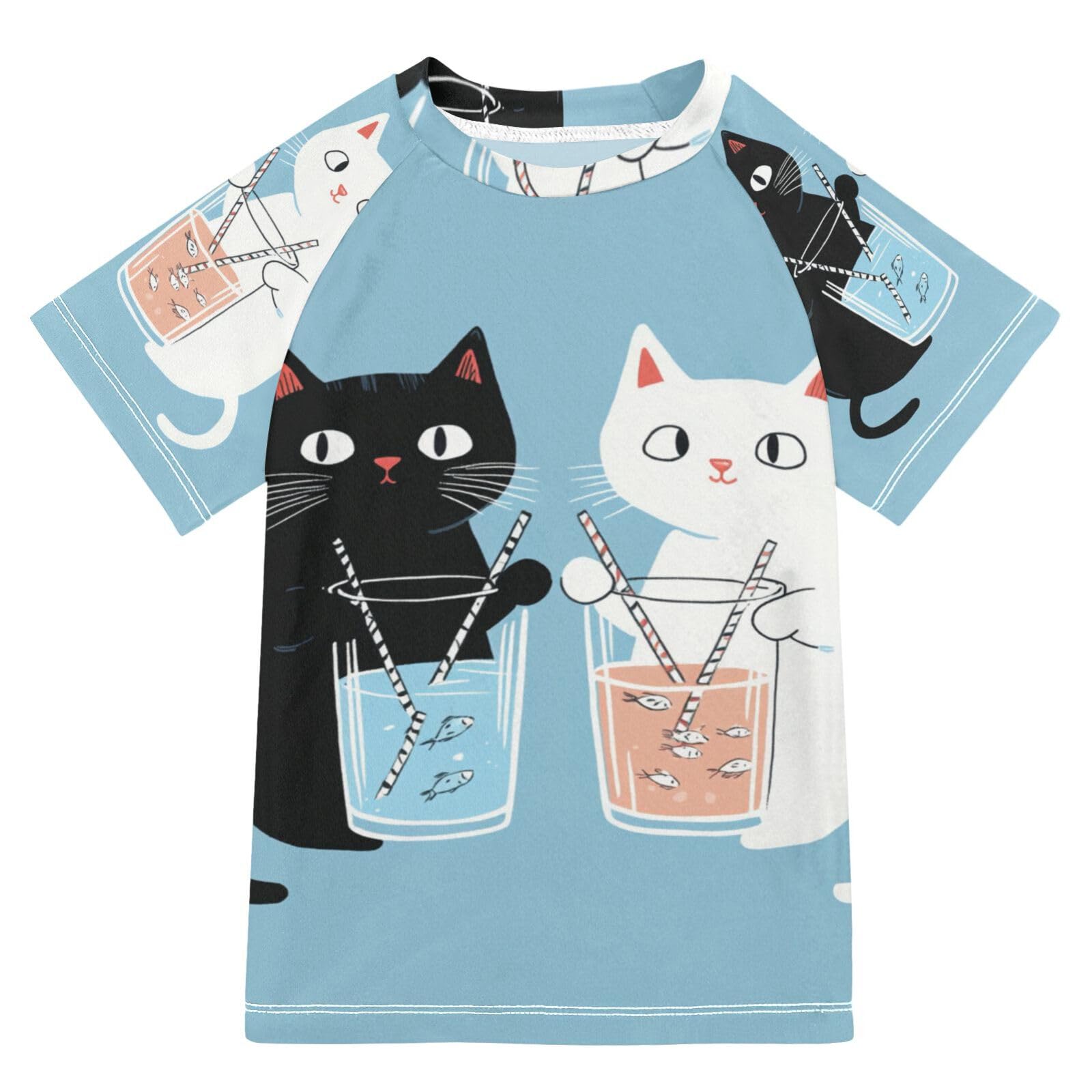 Jucciaco Boys Swing Shirts Cute Cat Fish Cartoon Rashguard Short Sleeve Kids T-Shirts Sun UPF 50+ Multicoloured