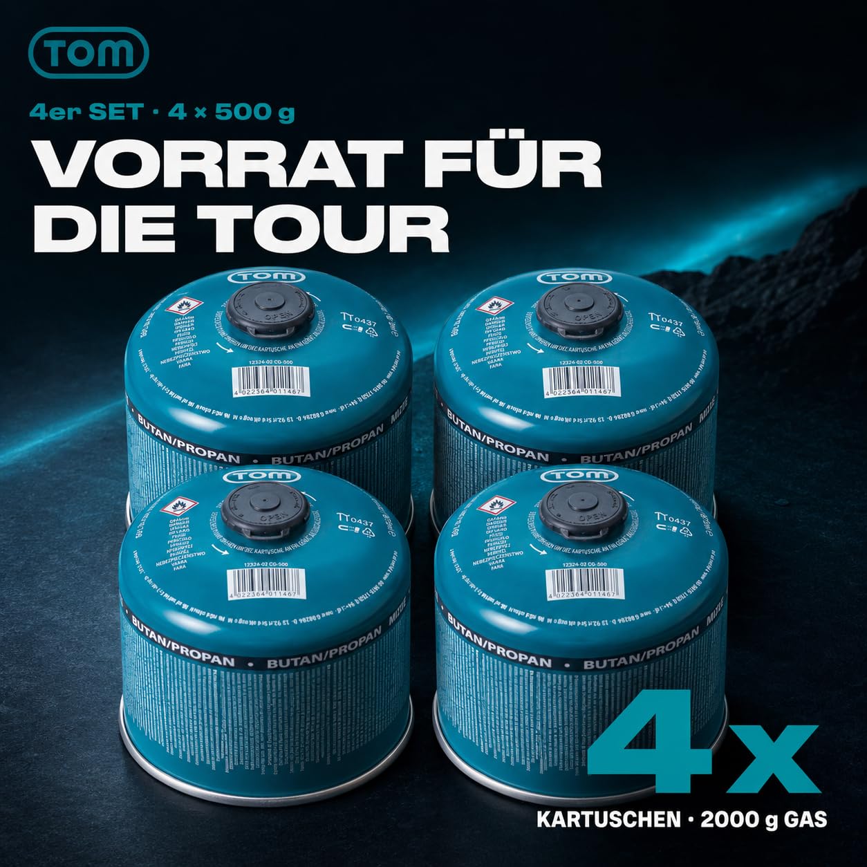 TOM Gaskartuschen 2 x, 4 x, 8 x oder 12 x 500 g Butan Propan Gas - Schraubkartusche Set – Kartuschen mit Sicherheits-Schraubgewinde – Butane Gas Kartusche ideal für Ihren Campingkocher (4 x 500g)