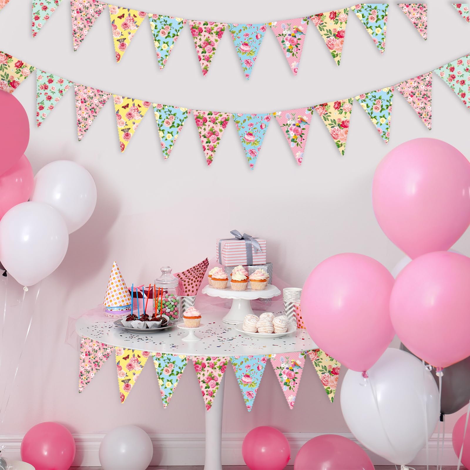 Faccito 49 Ft 60 Pcs Tea Floral Party Paper Bunting Decor Outdoor Bunting Banner Floral Pennant Wildflower Garland Tea Party Birthday Supplies for Wonderland Garden Baby Shower Bridal Wedding Bedroom