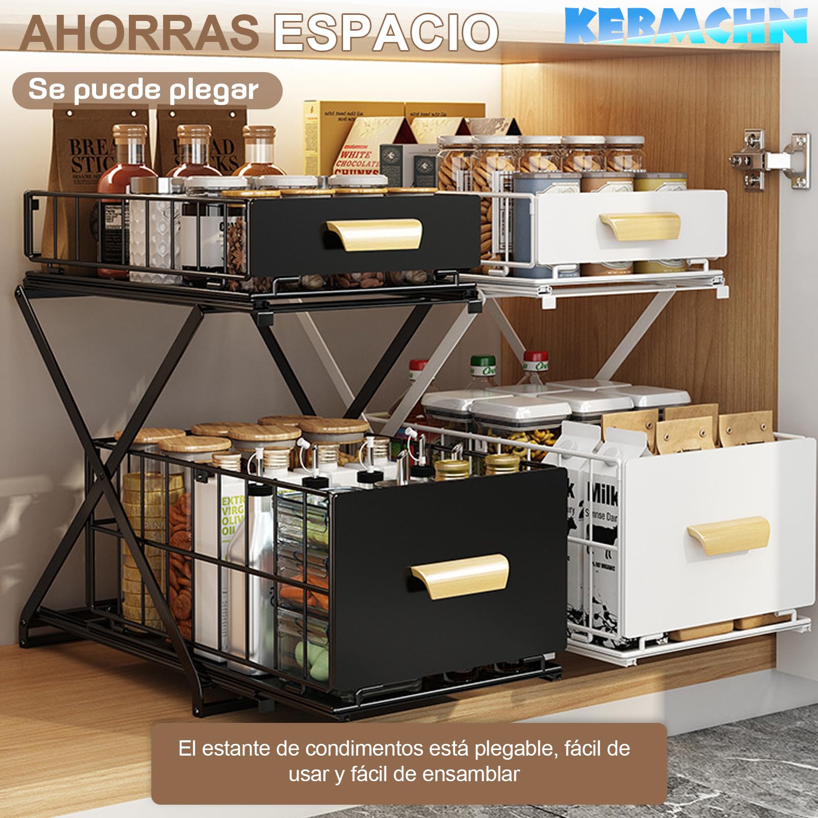Organizador de cocina plegable de 2 niveles, 26 x 40 x 43 cm, estante para especias, cajón extraíble regulable en altura, organizador para armario que ahorra espacio, para especias, cosméticos, baño