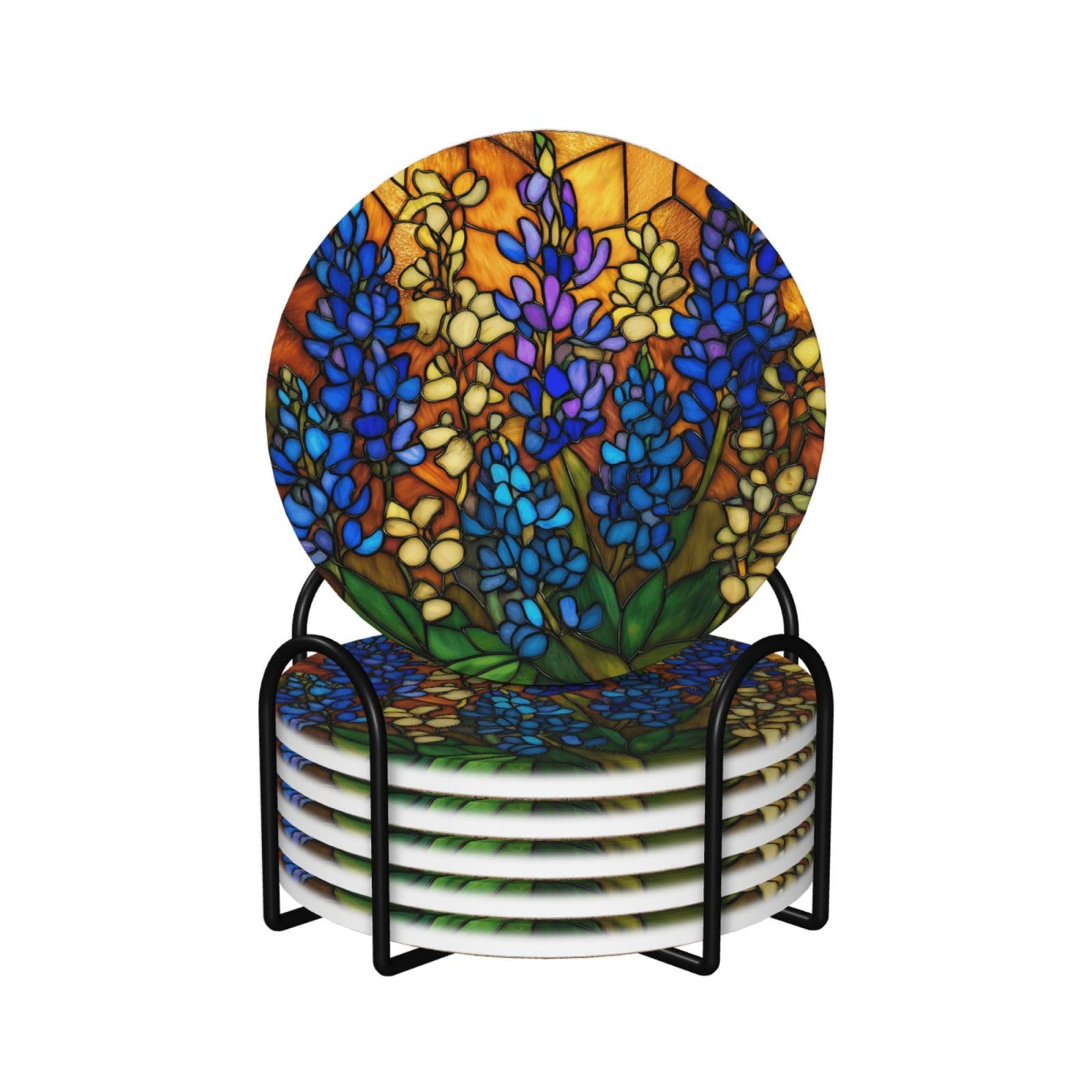 Cluster of Larkspur Flowers Stained Glass Ceramic Coasters with Holder 6ps