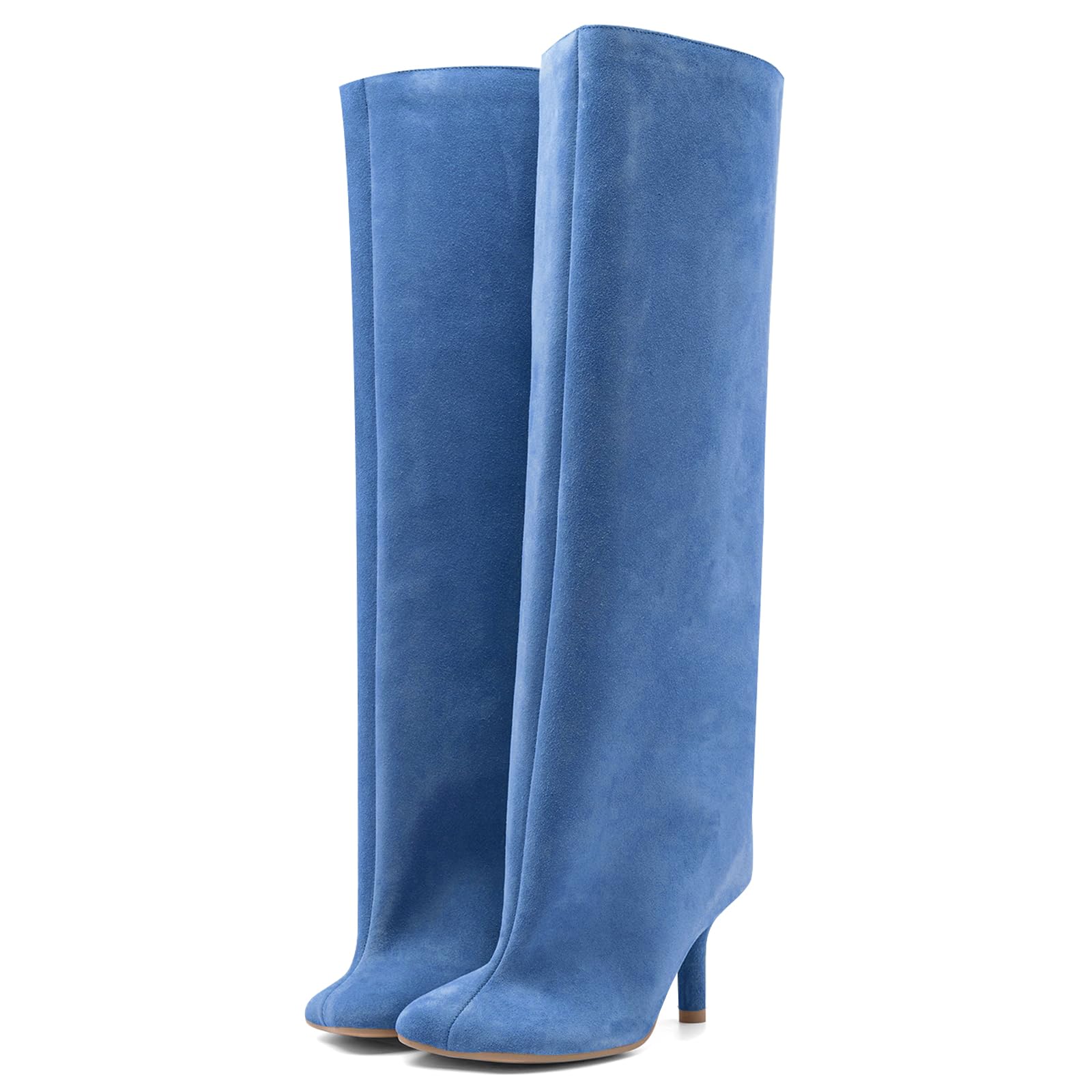 VOZTOLLS Women's Knee High Suede Boots for Women Wide Calf Square Toe Stiletto Heels Tall Boots Pull On High Heel Long Booties