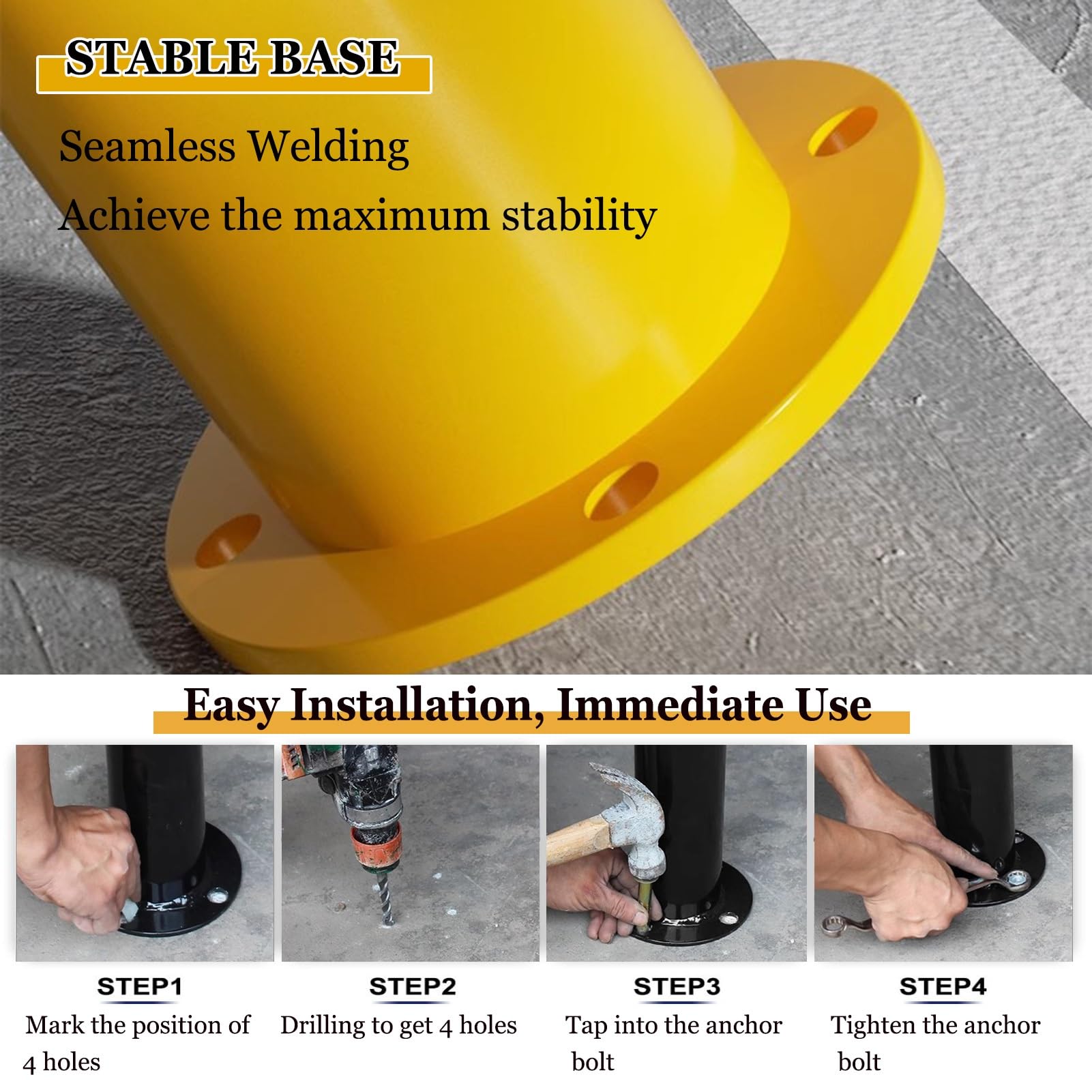 Poste de Bolardo Poste de bolardo seguridad 4 pulgadas altura, barra anticolisión barandilla en forma U con pernos anclaje: fácil instalación, placa base estable, alta visibilidad(47.2x4 in/120x10cm)