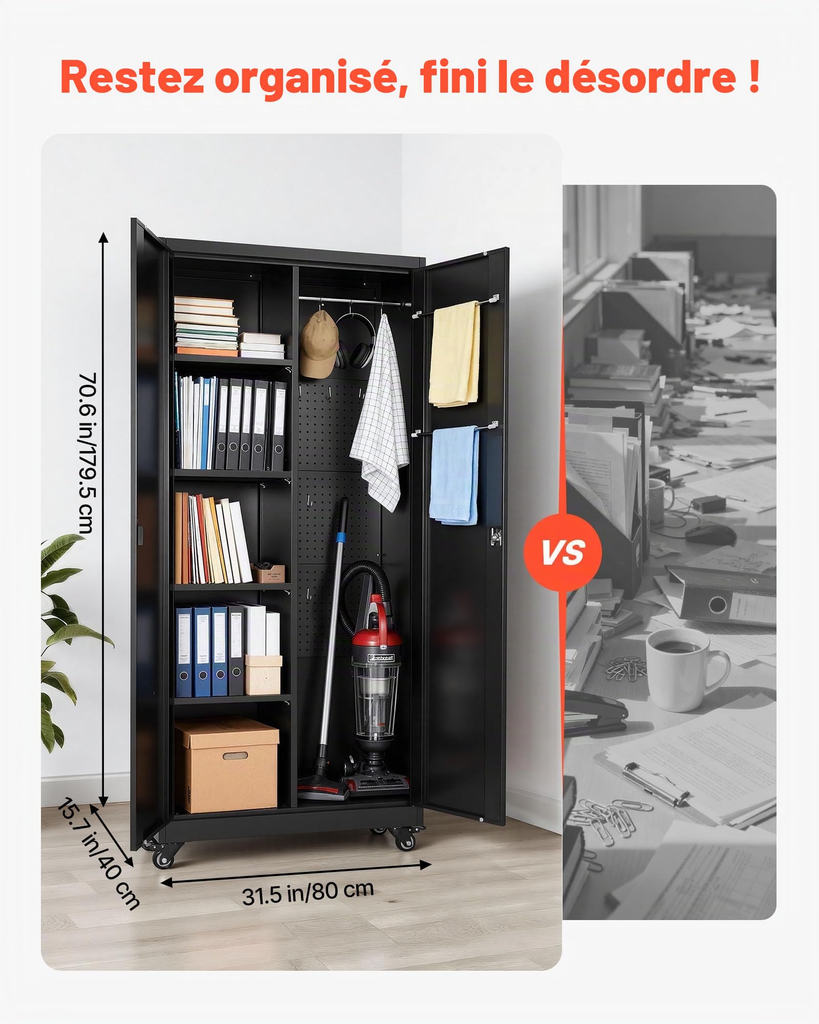 VEVOR Armoire Métallique 179,5 cm 5 Niveaux, Meuble de Rangement en Acier Verrouillable, pour Outils Atelier Bureau, sur roulettes, avec Étagères Réglables, 2 Portes Magnétiques, Tringles et Crochets
