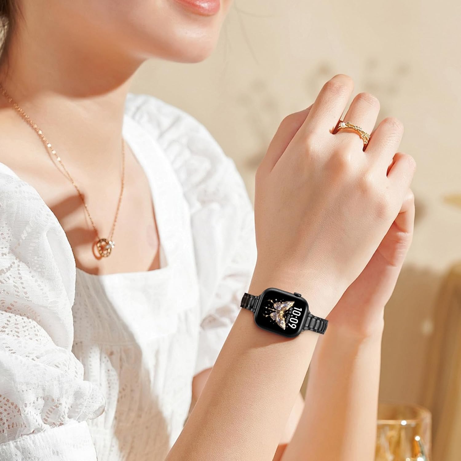 SOLOLUP Slim Metal Band Compatible With Apple Watch Bands for Women 44mm 45mm 46mm 49mm 42mm,Thin Dressy Stainless Steel Chains Strap for iWatch Band Series 11 10 9 8 7 6 5 4 3 SE Ultra 3/2,Black - Image 4