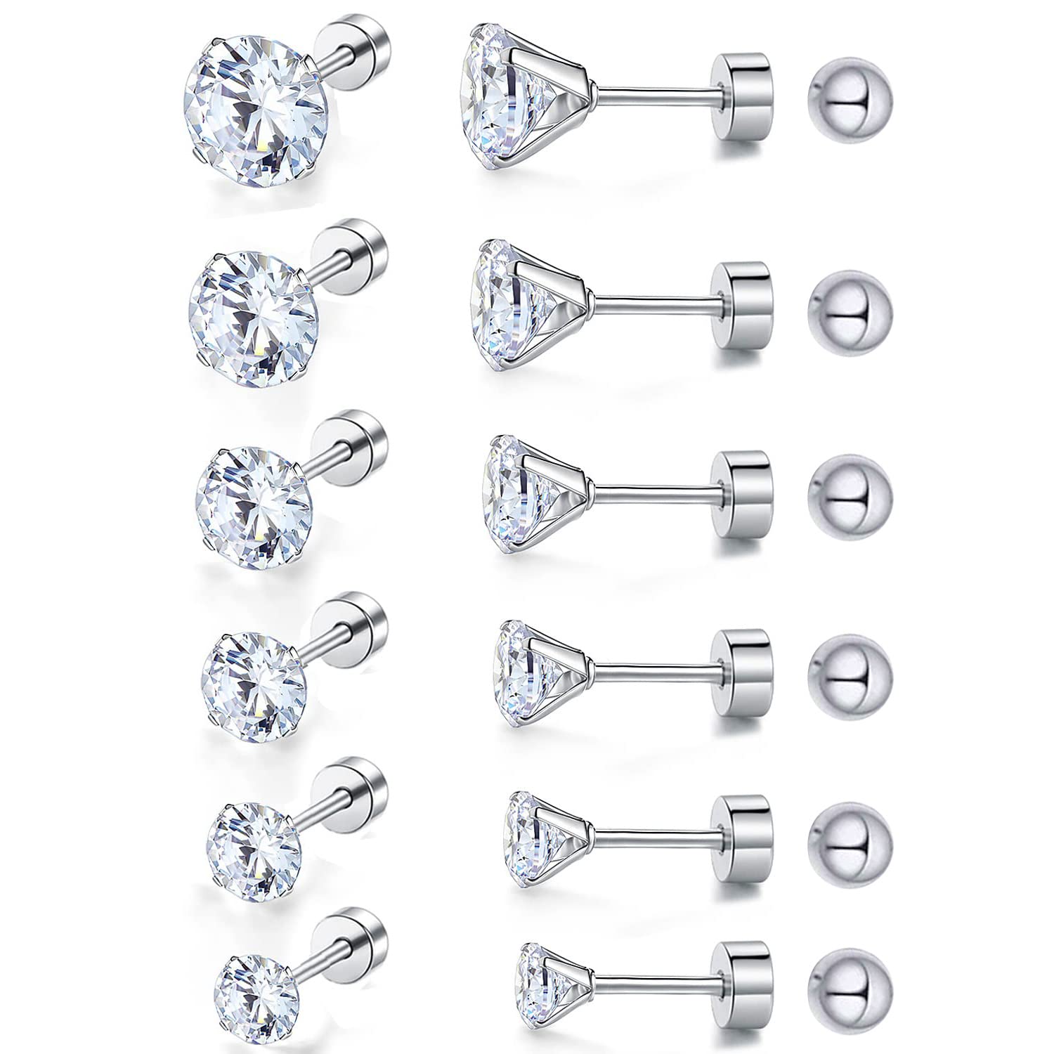 Pack of Titanium Screw Back Earrings Hypoallergenic, Stainless Steel, Cubic Zirconia