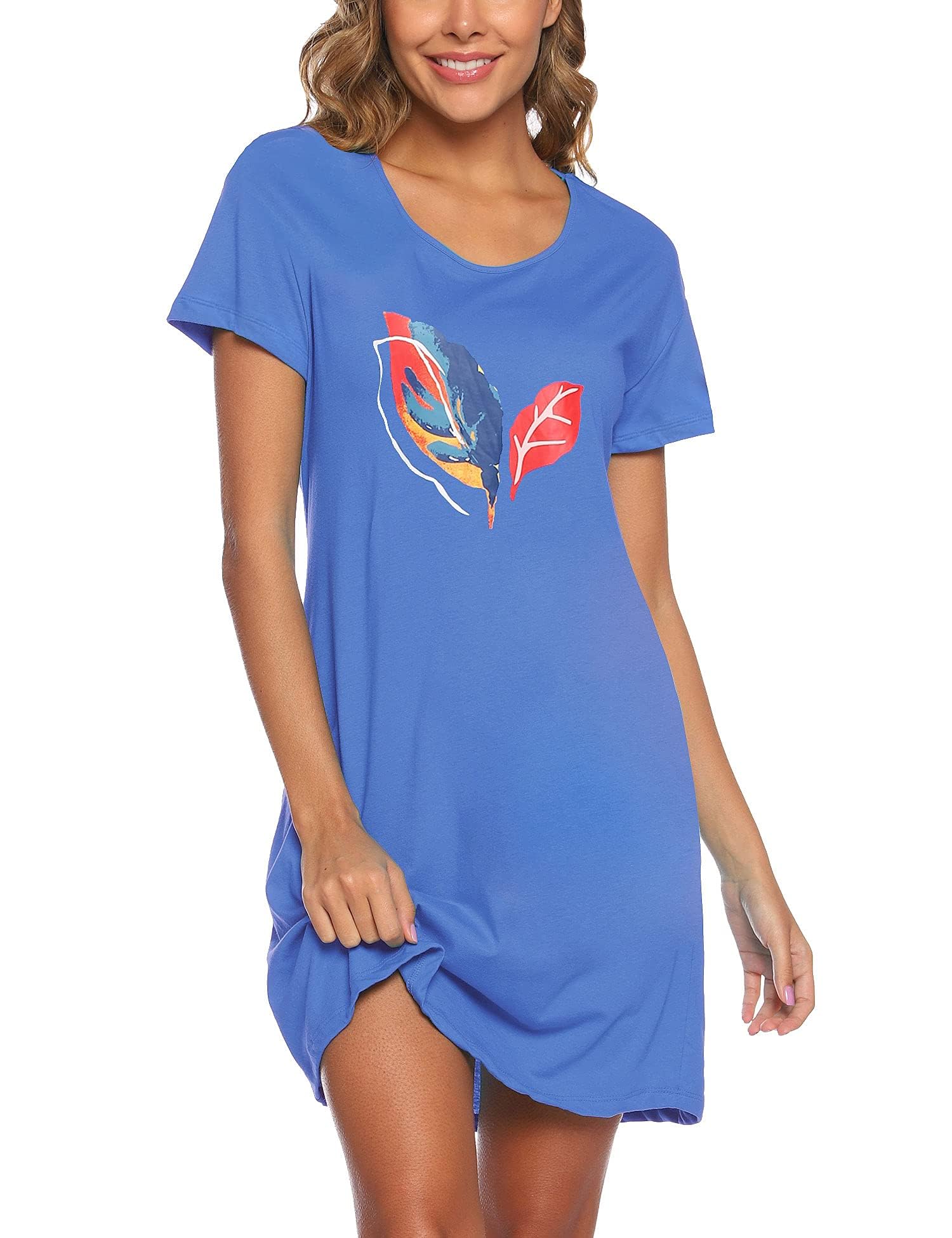 enjoynight Womens Cotton Sleepwear Short Sleeves Print Sleepshirt Sleep Tee(Blue Leaf, 3X-Large)-picture-45