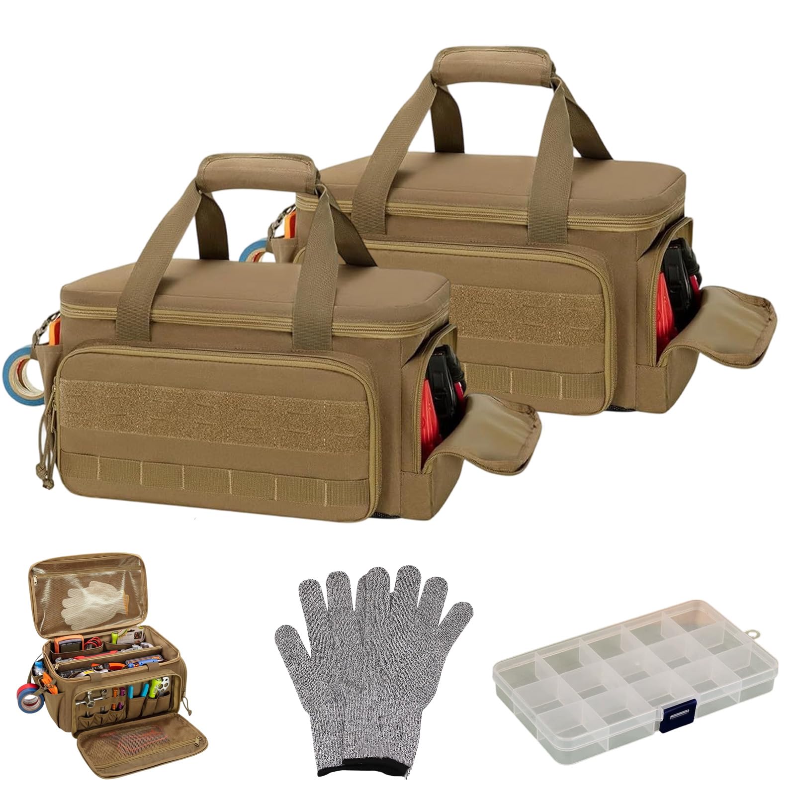 14-Inch Heavy-Duty Canvas Tool Bag, Large Capacity Anti-friction Organizer Tote Bag with Shoulder Strap, Multi-purpose Hand Tool Storage Organizer for Repairman, Carpenters, Handymen (2pc-brown)