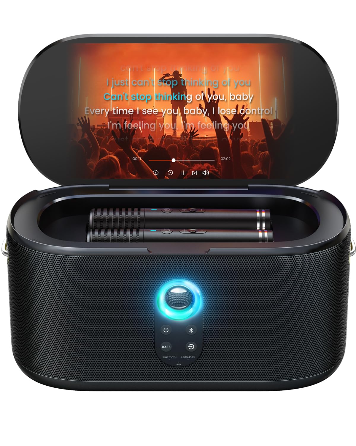 Ikarao Karaoke-Maschine mit integriertem Bildschirmdisplay, Bluetooth, kabellosen Mikrofonen & Partylicht - Perfekt für Kinder, Erwachsene & Outdoor-Aktivitäten（Shell S1）
