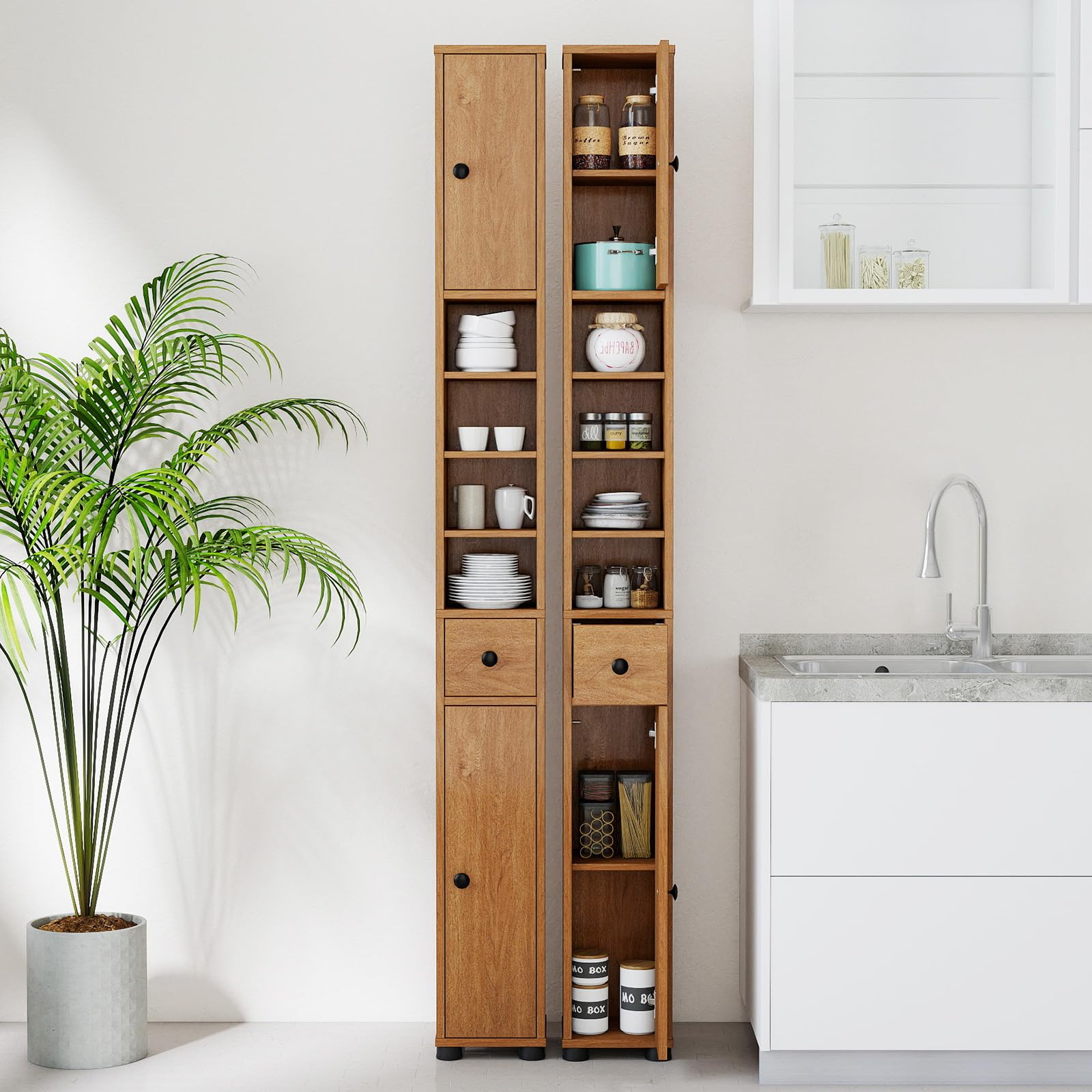 LIFEZEAL Colonna Bagno Salvaspazio in Legno, Mobiletto Multiuso con 2 Ante e 1 Cassetto e 5 ripiani Regolabili, 20x20x180cm, Armadio Angolare da Terra con Dispositivo Anti-Ribaltamento (naturale)