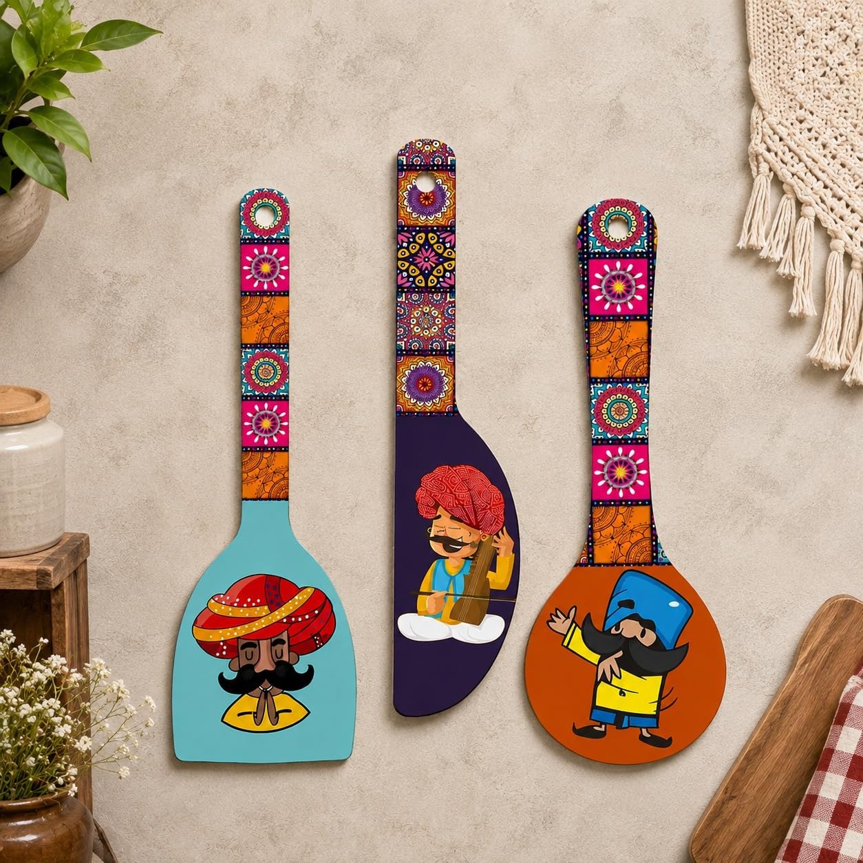 Artvibes Rajasthani Culture Wooden Wall Hanger for Home | Office | Living Room | Gift | Modern Decoration Items | Kitchen Wall Decor | Home Decor Hanging Items (WH_5012N), Set of 3