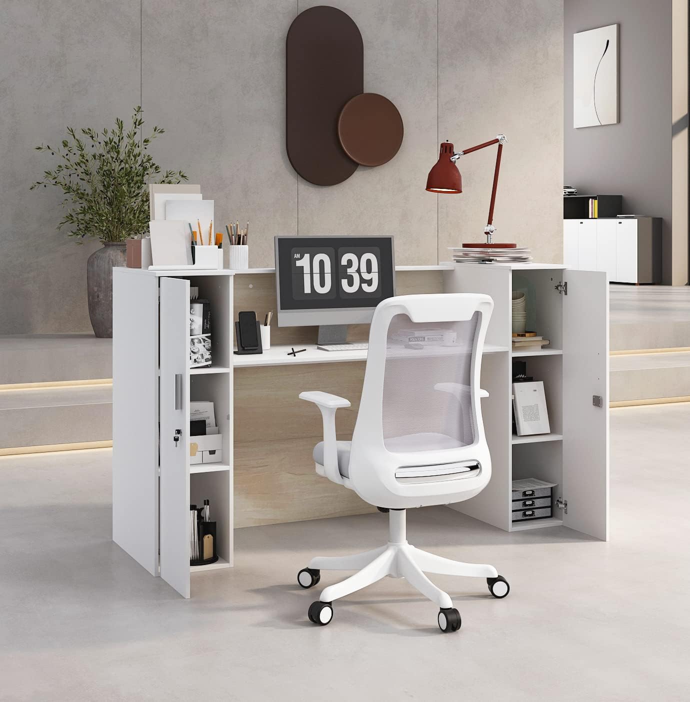 AGOTENI Reception Desk, Front Counter Desk with Lockable Door & Adjustable Shelves, Reception Table Wooden Computer Desk for Office Reception Room, Black : Office Products