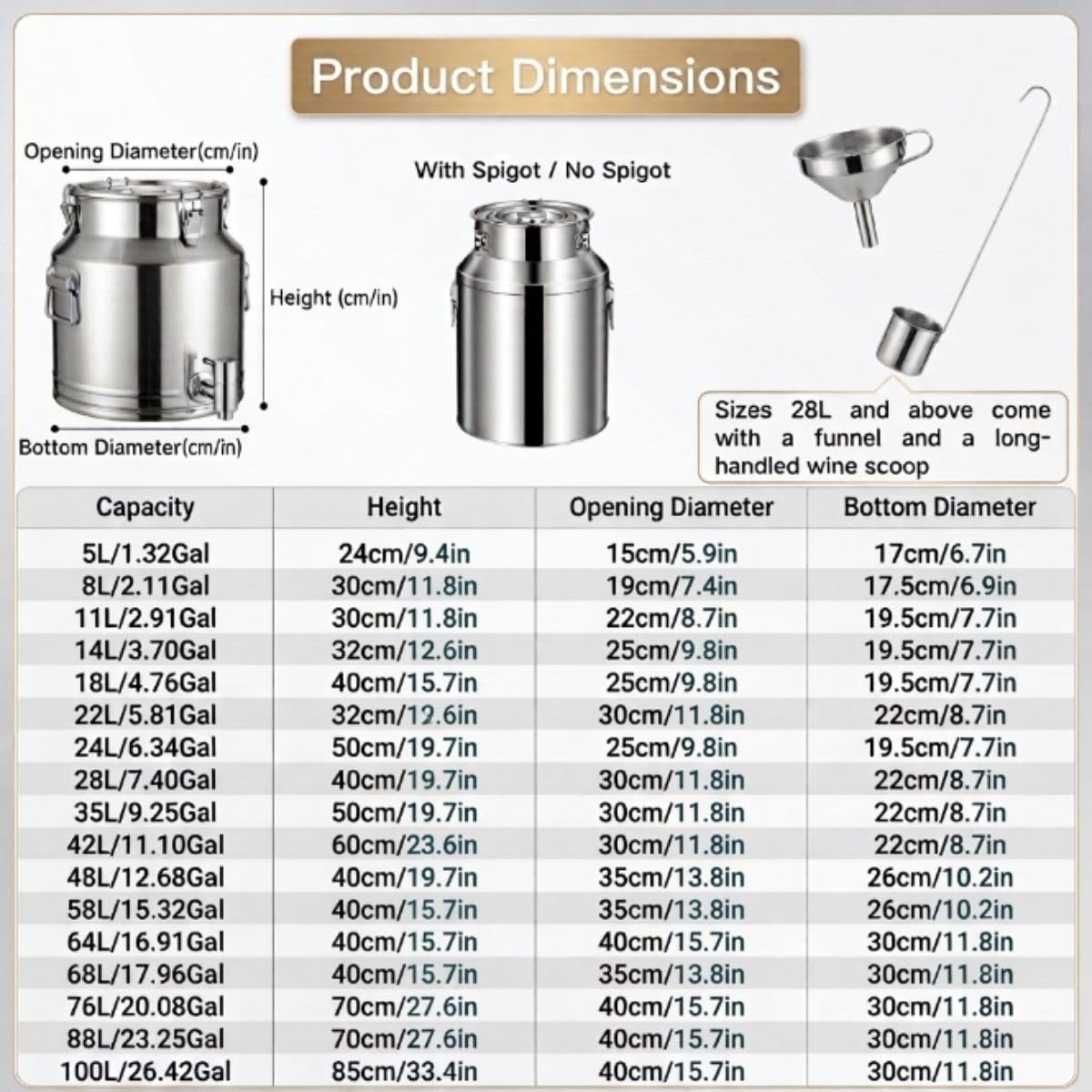5L 14L 28L 58L Cántaro Leche Acero Inox, Dispensador Bebidas con Grifo | Cubo Hermético para Líquidos, Barril Fermentación Vino, Contenedor Aceite de Granja o Camping(With Spigot,35L)