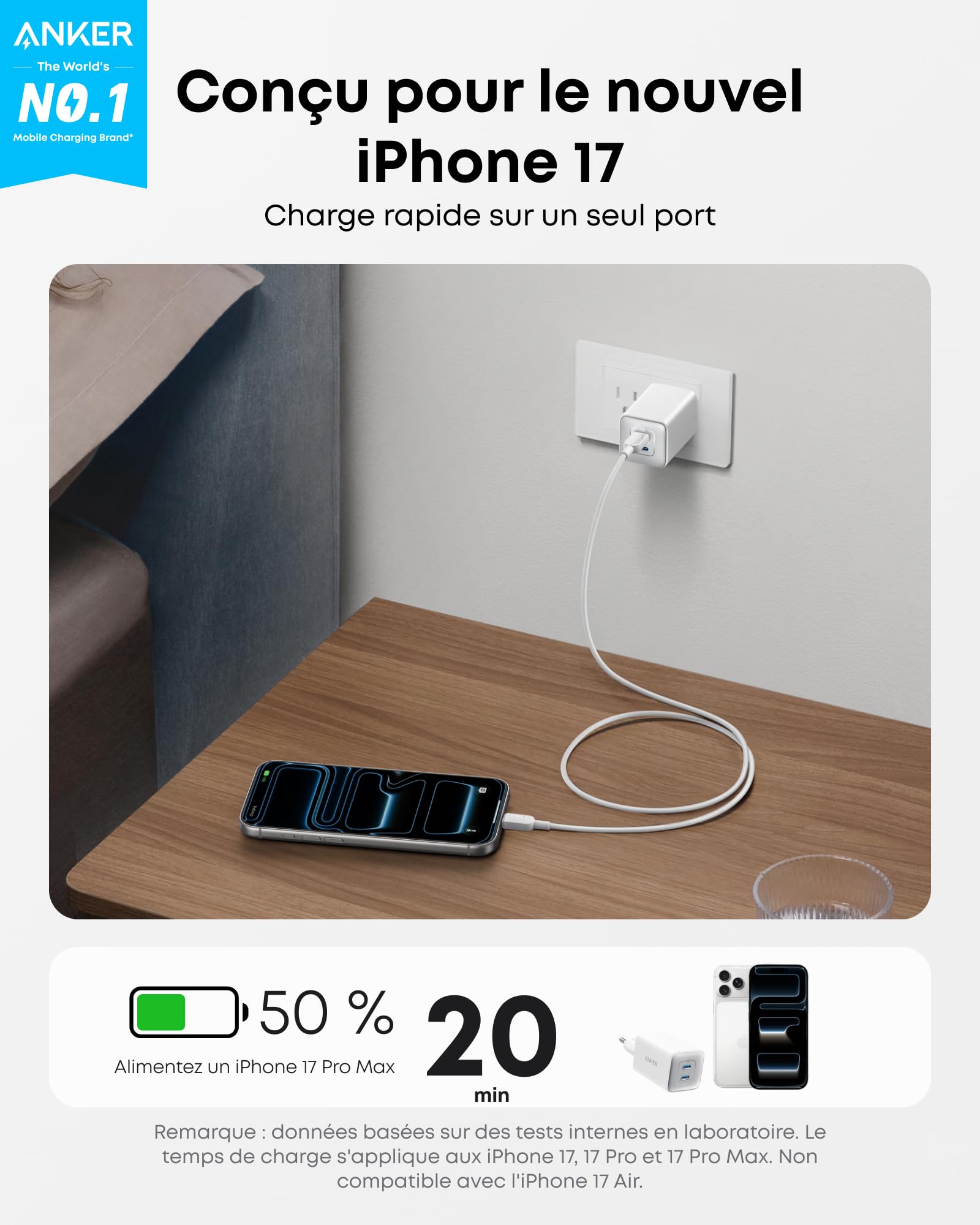 Anker 523 Chargeur USB C 47 W (Nano 3), Chargeur Samsung Charge Rapide GaN Compact 2 Ports pour iPhone 16/16 Plus/ 16 Pro Max/15/14/13, Galaxy, Pixel 4/3, iPad/iPad Mini (câble Non Inclus), Blanc