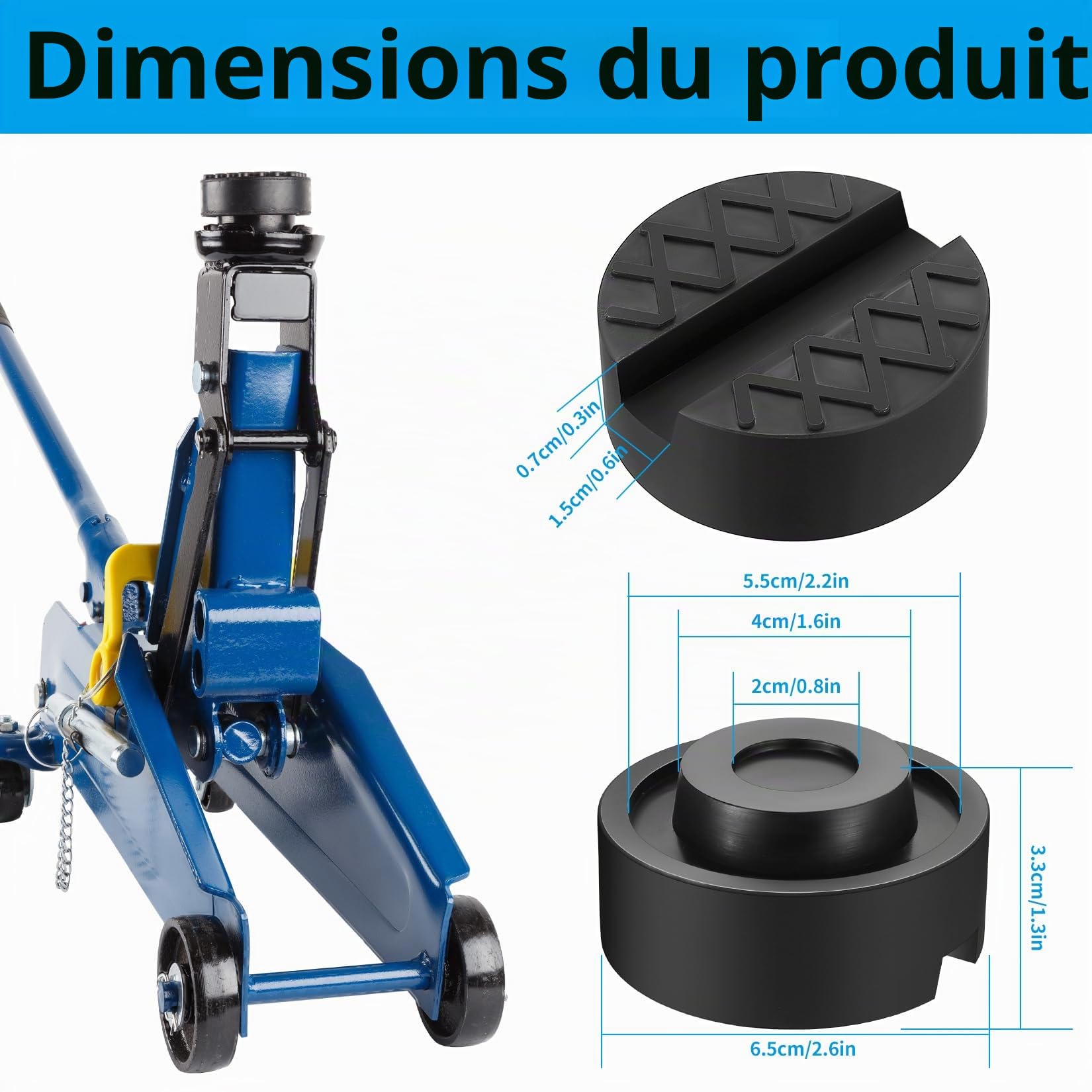 Lot de 4 Tampons en Caoutchouc pour Cric 65mm, Supports Universels pour Cric et Pont Élévateur, Adaptateurs en Caoutchouc pour Véhicules SUV et Camions