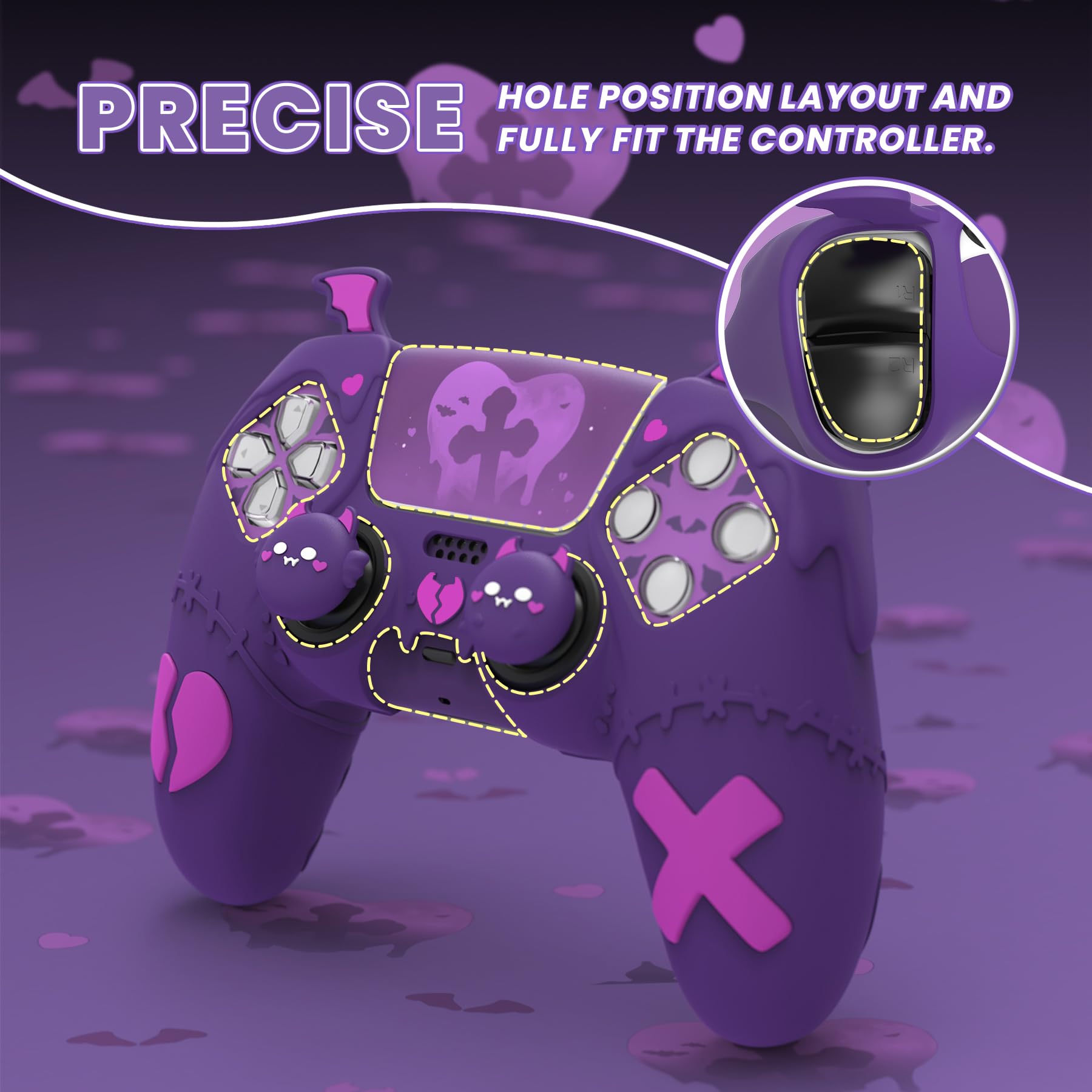 PlayVital Etui na Kontroler do ps5 z Nakładkami Joystick i Naklejką Skin,Silikonowa Osłona Ochronna do ps5, Kompatybilna ze Stacją Ładującą – Fioletowy(Seria Gothic Imp)