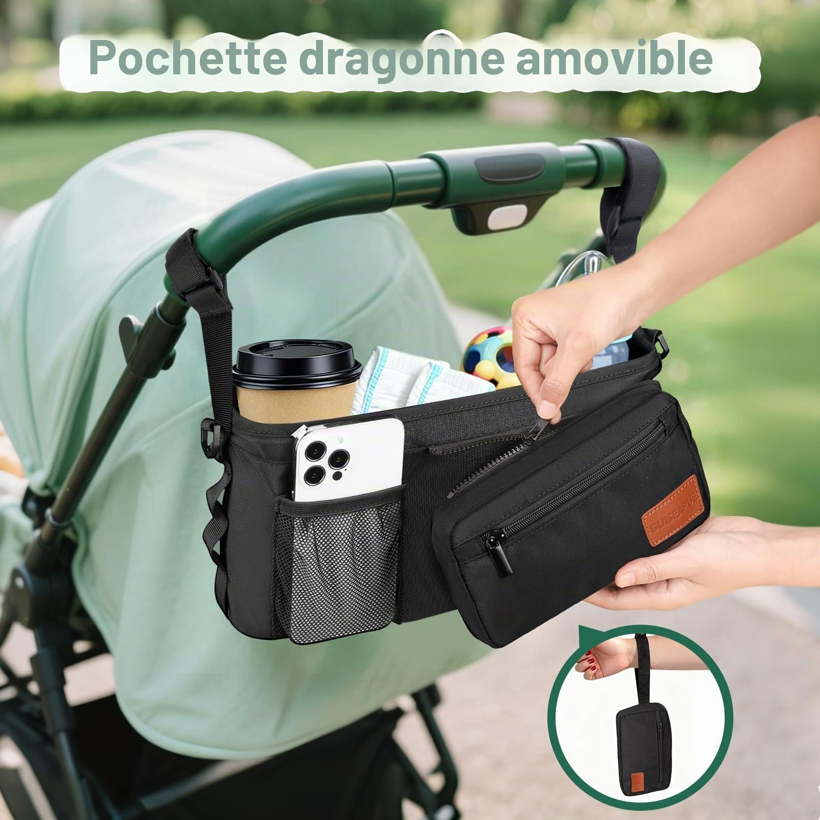 Guiseapue Organiseur universel pour poussette avec porte-gobelet : accessoires pour poussette avec sac amovible pour téléphone Uppababy, sangles antidérapantes, accessoires de déambulateur, cadeaux de