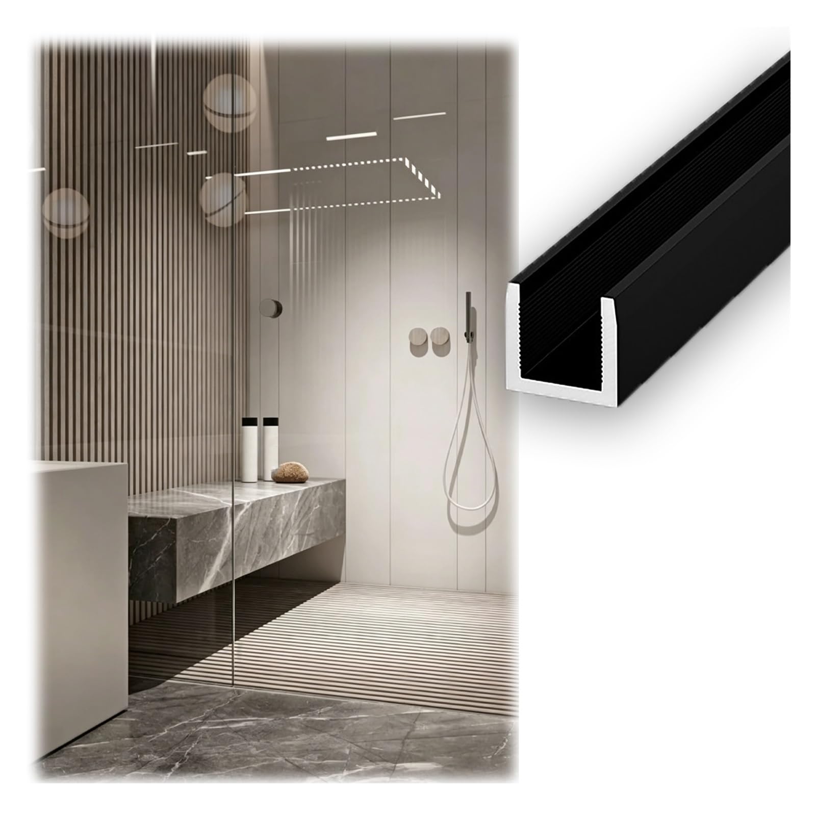Drzwi Prysznicowe Bezramowe Aluminiowe Głębokie Kanał U, Stałe Szklany Panel Prysznicowy Kanał U, Wpuszczane Stała, Głęboka Szyna(Black,8mm(0.31in) glass)