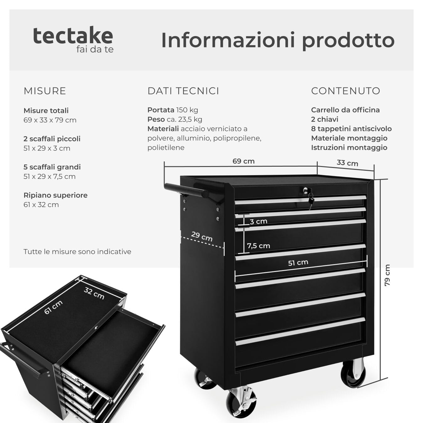 tectake® Carrello Portautensili, Carrello, Porta Attrezzi Officina con Ruote, 7 Cassetti, Carrello Porta Attrezzi, Attrezzatura Officina, Attrezzi da Lavoro - Nero