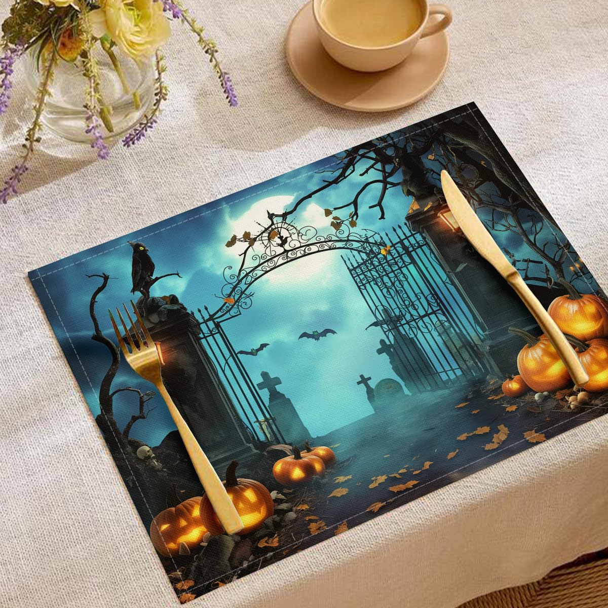 Sets de table squelettes dansants bleu - Lot de 8 grand format 45x30 cm pour repas de fêtes