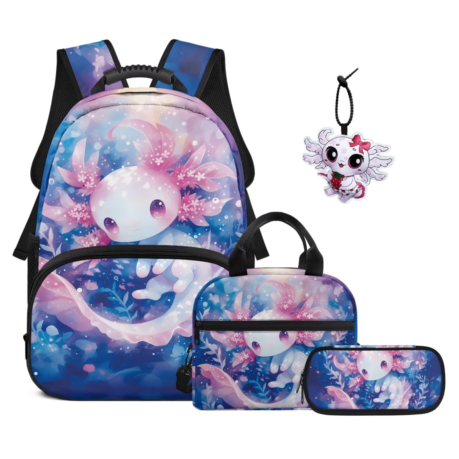 Juego de mochila escolar de 4 piezas con fiambrera, estuche y colgante para bolsa, para niños, adolescentes, escuela primaria y secundaria, Flores de ajolote rosa, moderno