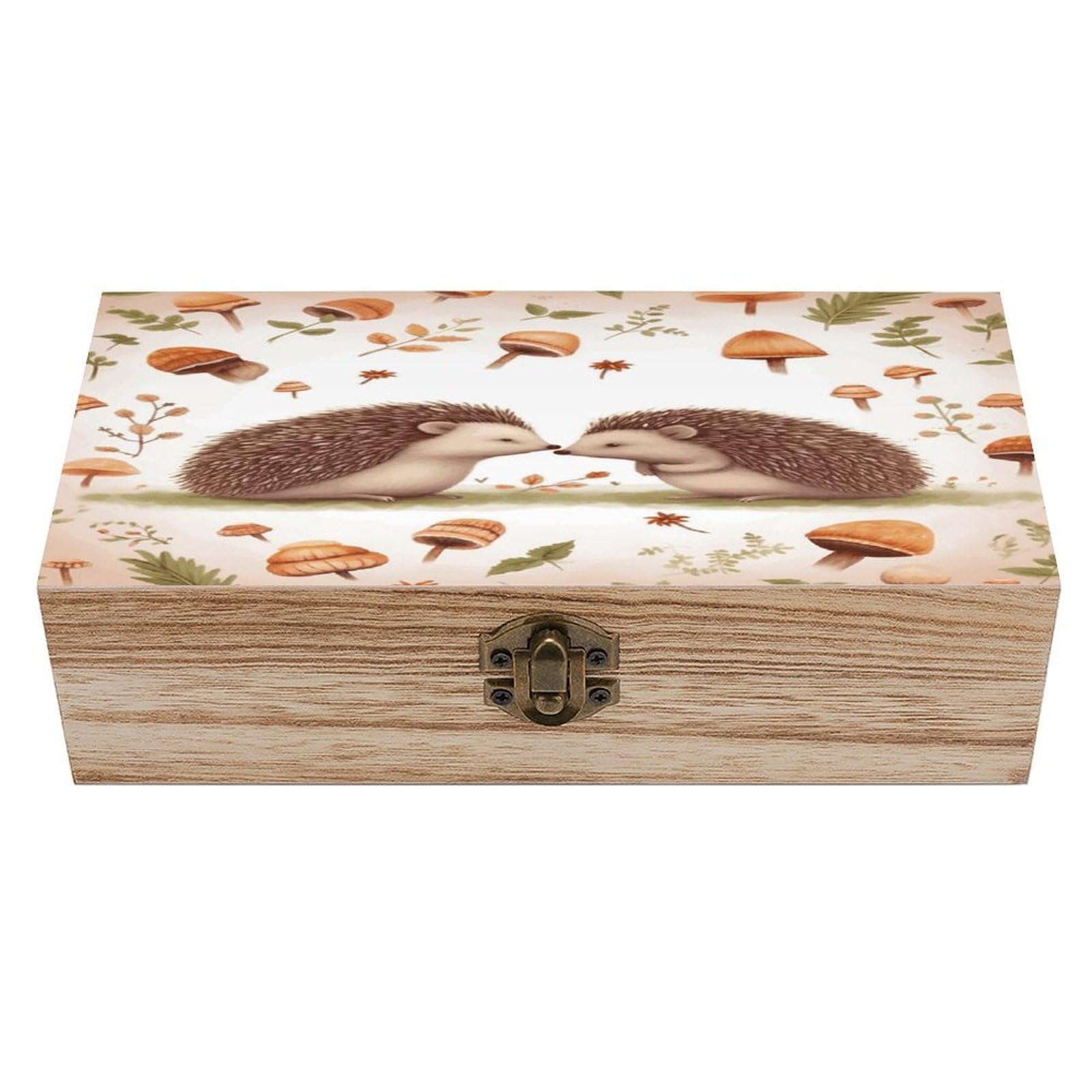 JTREHY Nature Lovely Hedgehog Lovers Wooden Keepsake Box Vintage-Style Wood Keepsake Case with Hinged Lid Solid Wood Boxes Beautifully Memory Treasure Case Vintage-Style Wooden Storage Box
