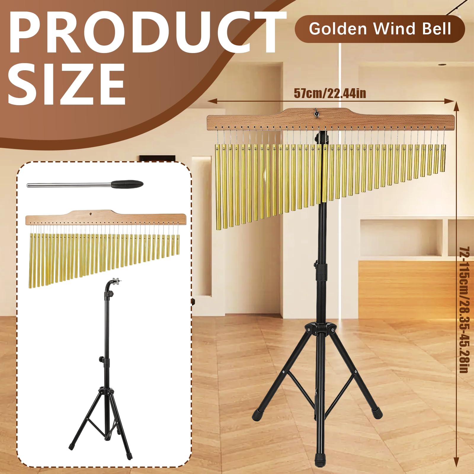 Bar Chimes 36 Toni, Carillon a Vento Percussioni con Supporto Regolabile 72-115cm Campanelli in Alluminio con Barra in Legno e Battente per Banda Scuola Studio e Meditazione
